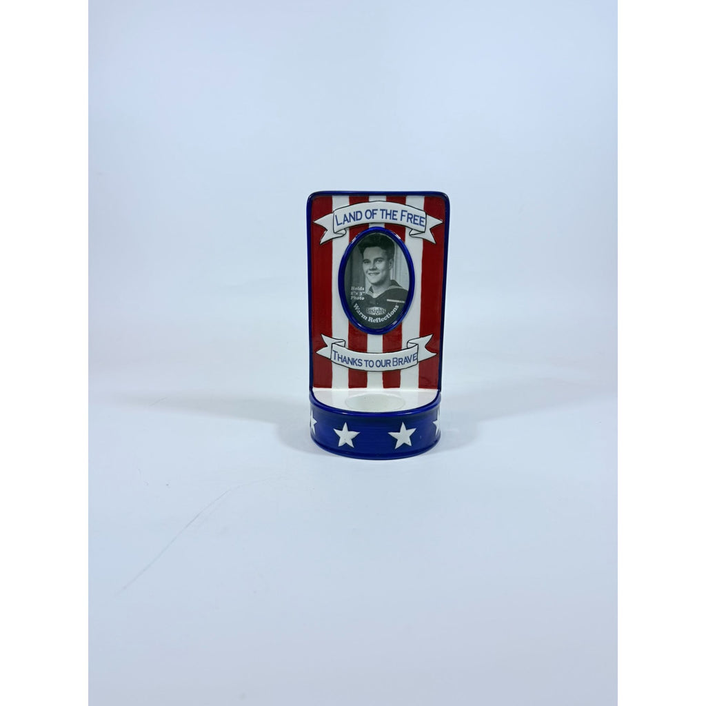 Photo Memorial Veteran Candle Holder Land of The Free Thanks to Our Brave Ceramic Picture Frame Patriotic American Vintage