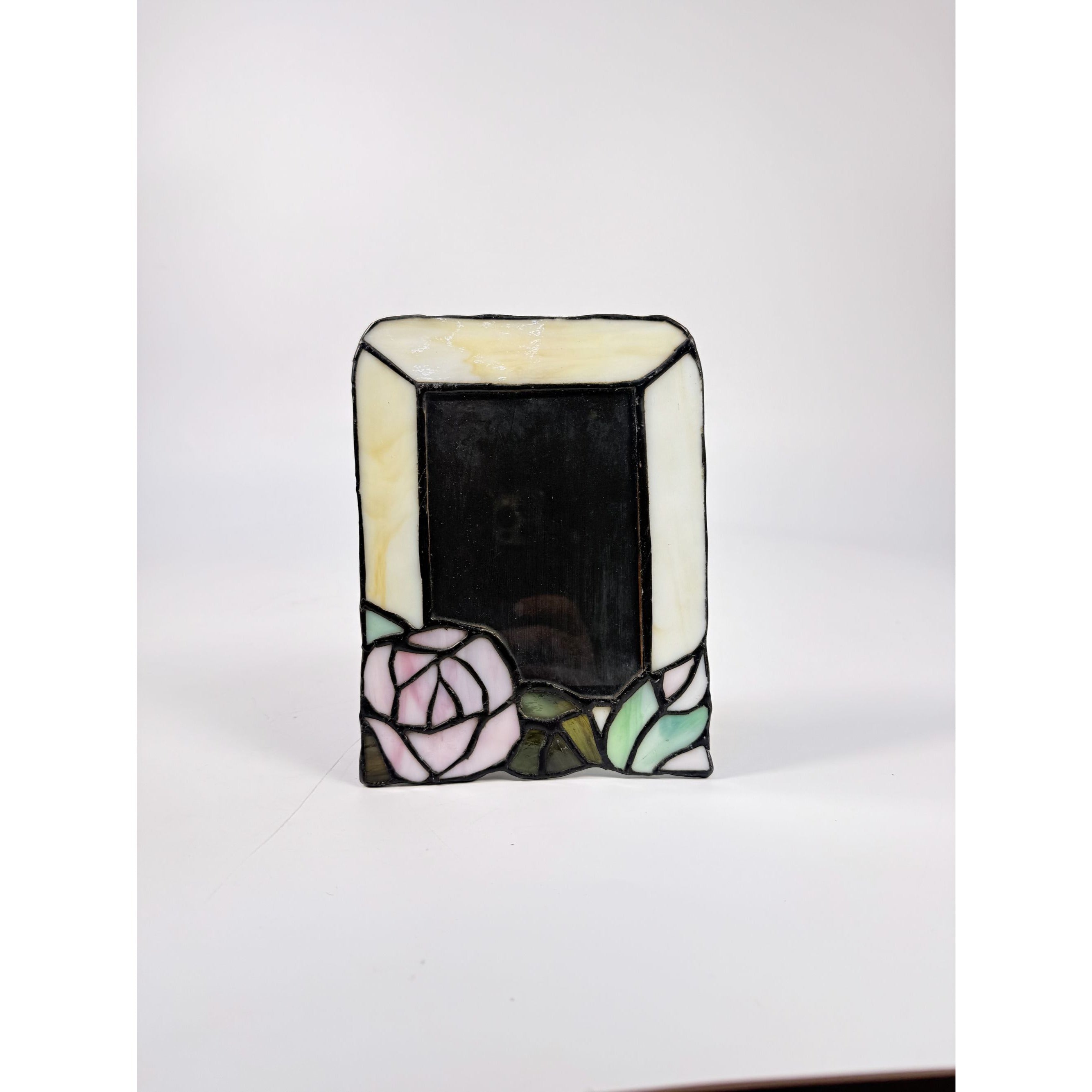 Picture Frame Stained Glass Leaded Rose Flowers Vintage Desk Table 5 x 3 1/2 Cottage Core Romantic