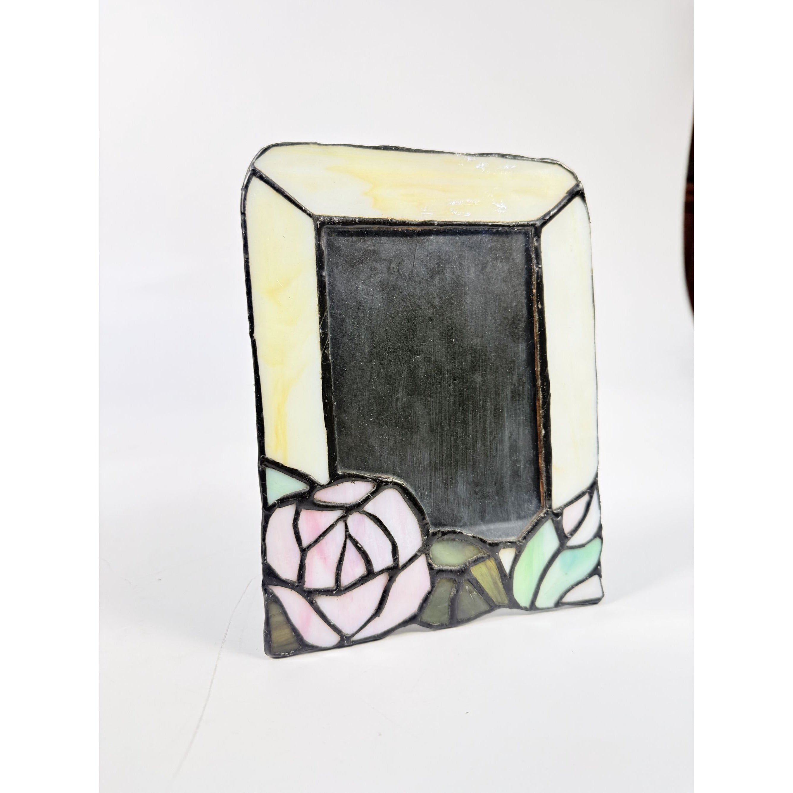 Picture Frame Stained Glass Leaded Rose Flowers Vintage Desk Table 5 x 3 1/2 Cottage Core Romantic