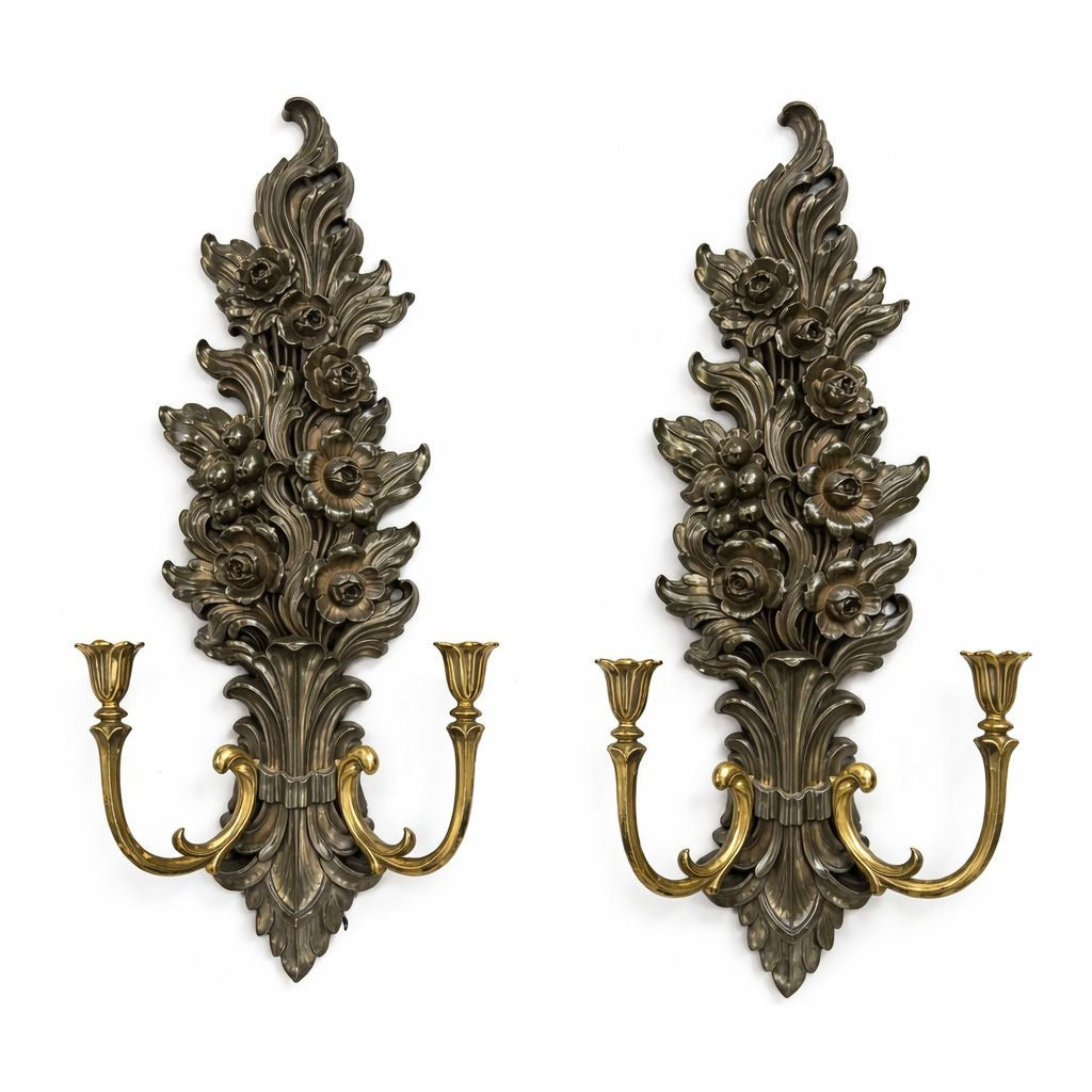 Wall Sconce Candle Holders -Vintage Syroco 4133 Gold Resin Ornate Hollywood Regency MCM Double Arm Wall Decor - Floral Roses Scalloped