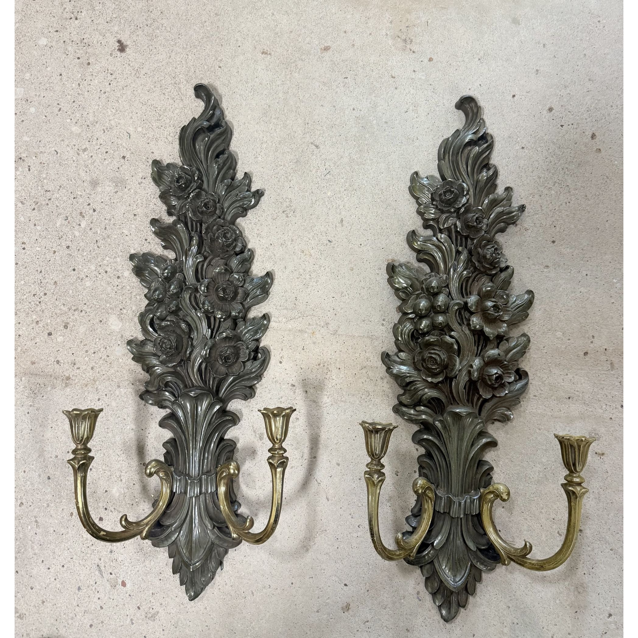 Wall Sconce Candle Holders -Vintage Syroco 4133 Gold Resin Ornate Hollywood Regency MCM Double Arm Wall Decor - Floral Roses Scalloped