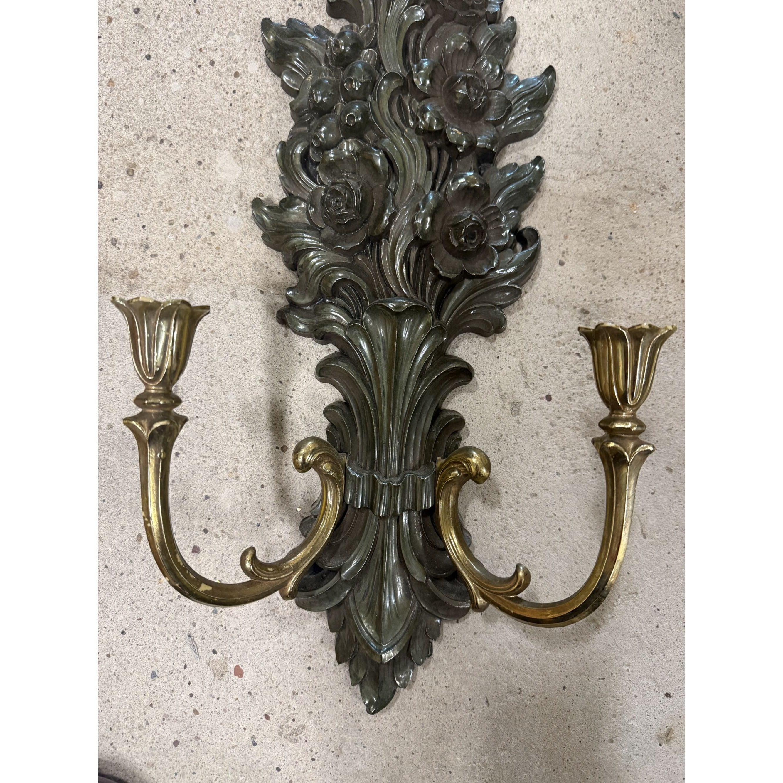 Wall Sconce Candle Holders -Vintage Syroco 4133 Gold Resin Ornate Hollywood Regency MCM Double Arm Wall Decor - Floral Roses Scalloped