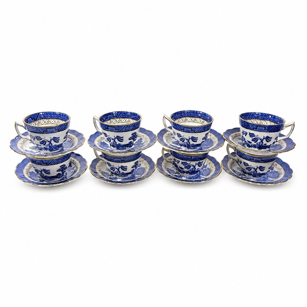 Cup and Saucer Set 8 Booths Real Old Willow Blue Gold Trim Tea Coffee Vintage Replacement China Traditional Oriental Chinoiserie England