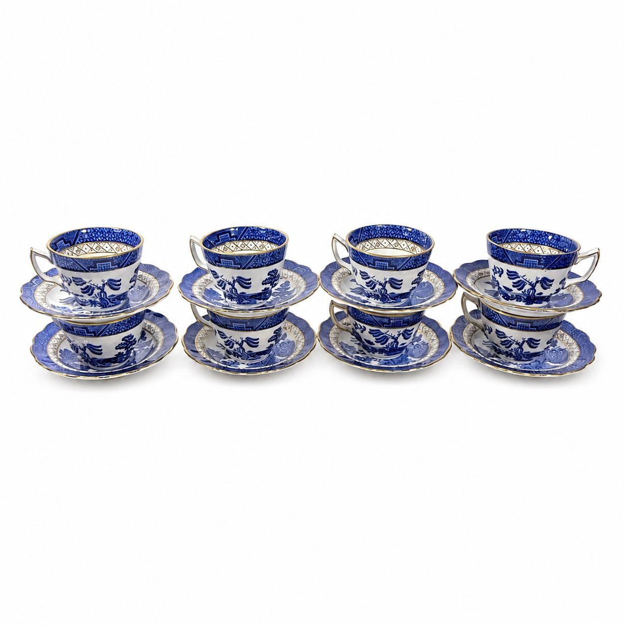 Cup and Saucer Set 8 Booths Real Old Willow Blue Gold Trim Tea Coffee Vintage Replacement China Traditional Oriental Chinoiserie England