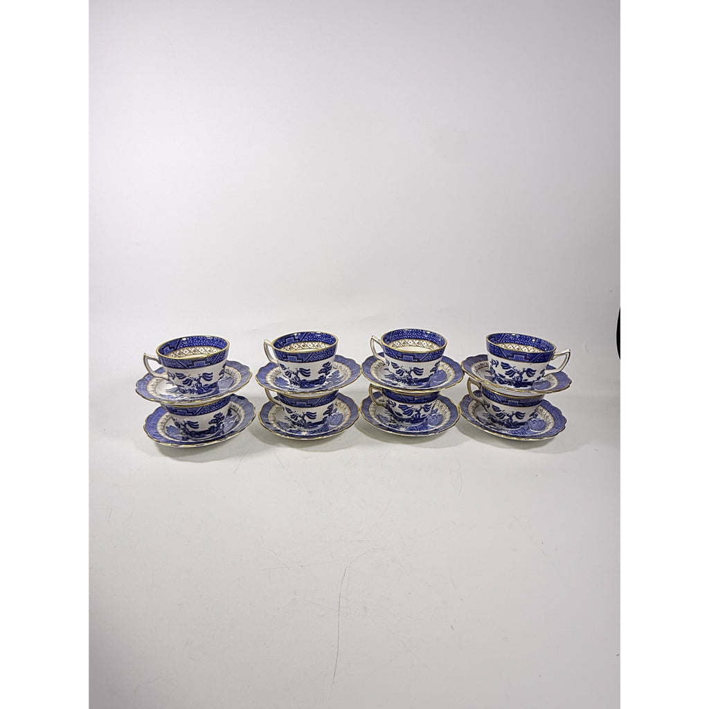 Cup and Saucer Set 8 Booths Real Old Willow Blue Gold Trim Tea Coffee Vintage Replacement China Traditional Oriental Chinoiserie England