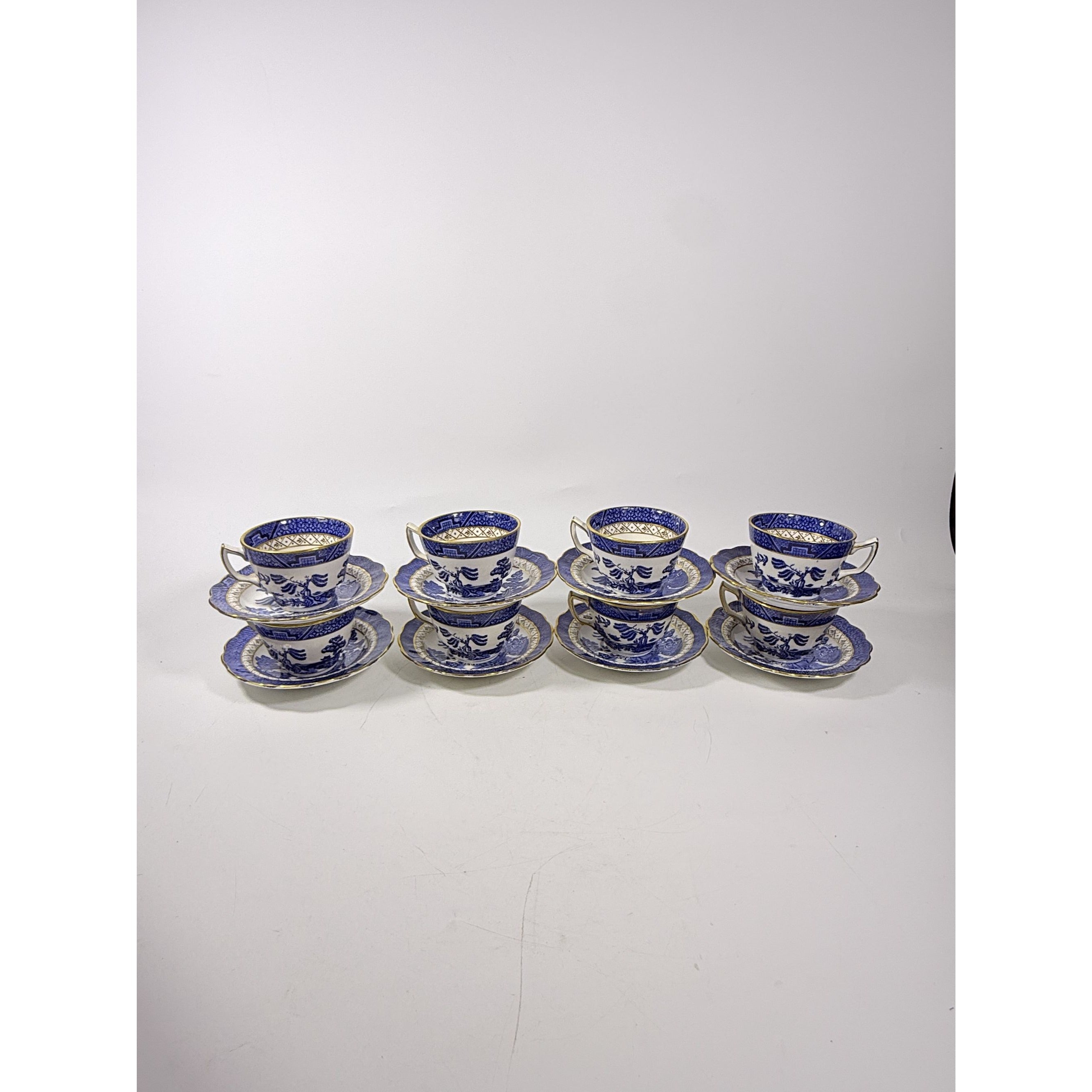 Cup and Saucer Set 8 Booths Real Old Willow Blue Gold Trim Tea Coffee Vintage Replacement China Traditional Oriental Chinoiserie England
