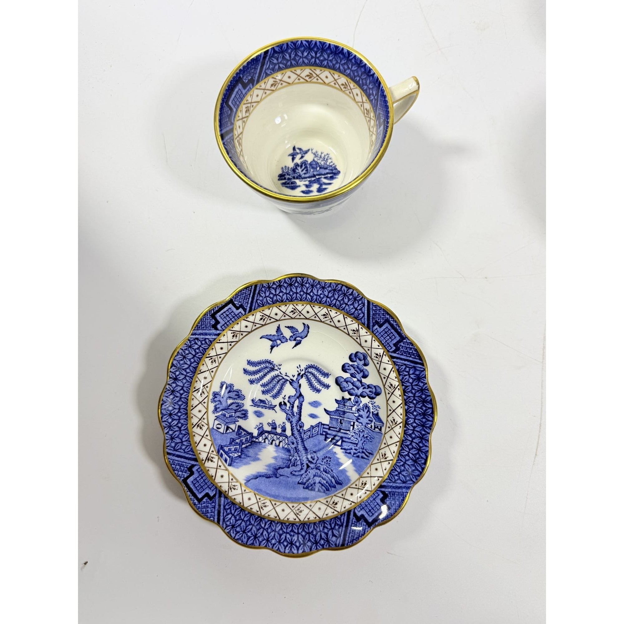 Cup and Saucer Set 8 Booths Real Old Willow Blue Gold Trim Tea Coffee Vintage Replacement China Traditional Oriental Chinoiserie England