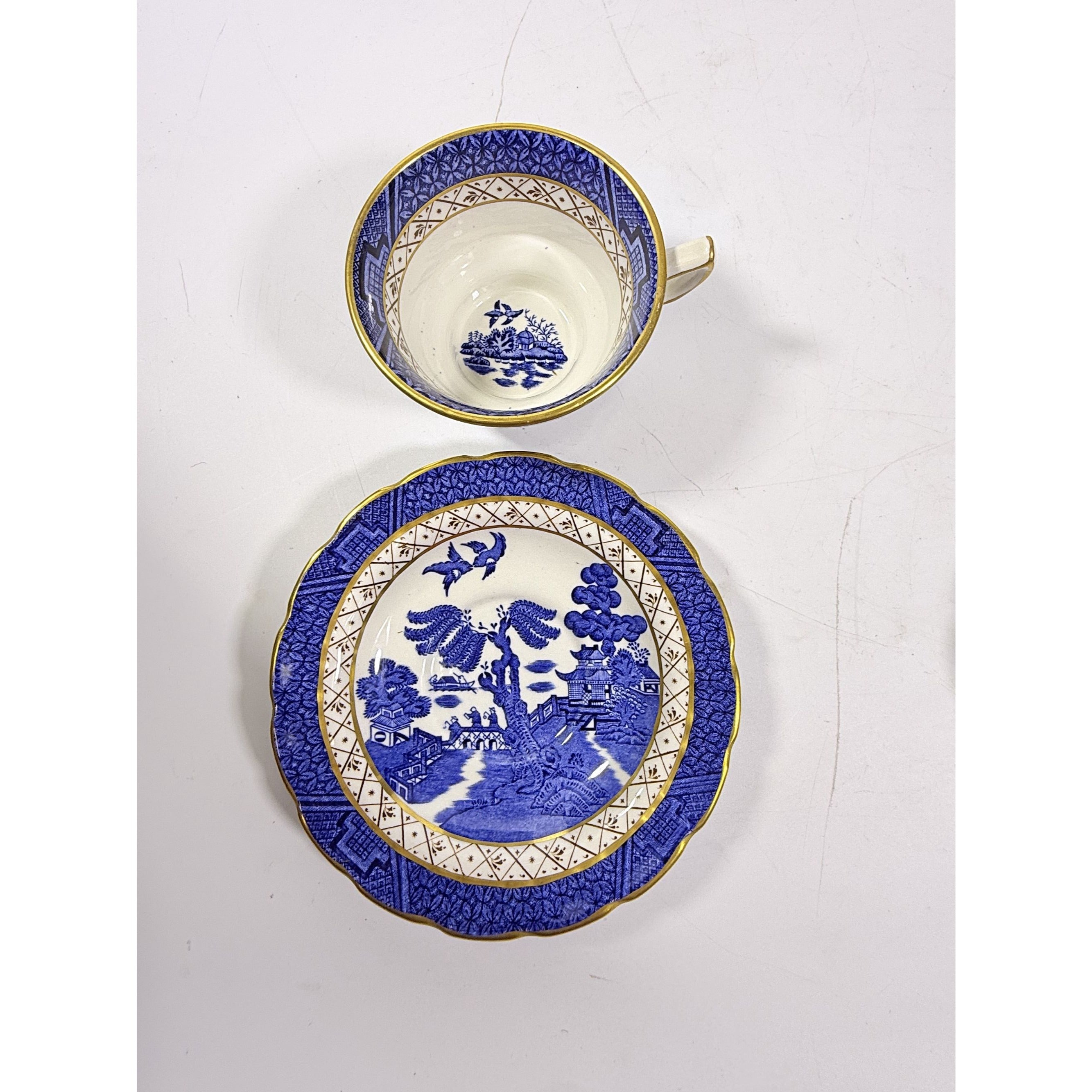 Cup and Saucer Set 8 Booths Real Old Willow Blue Gold Trim Tea Coffee Vintage Replacement China Traditional Oriental Chinoiserie England