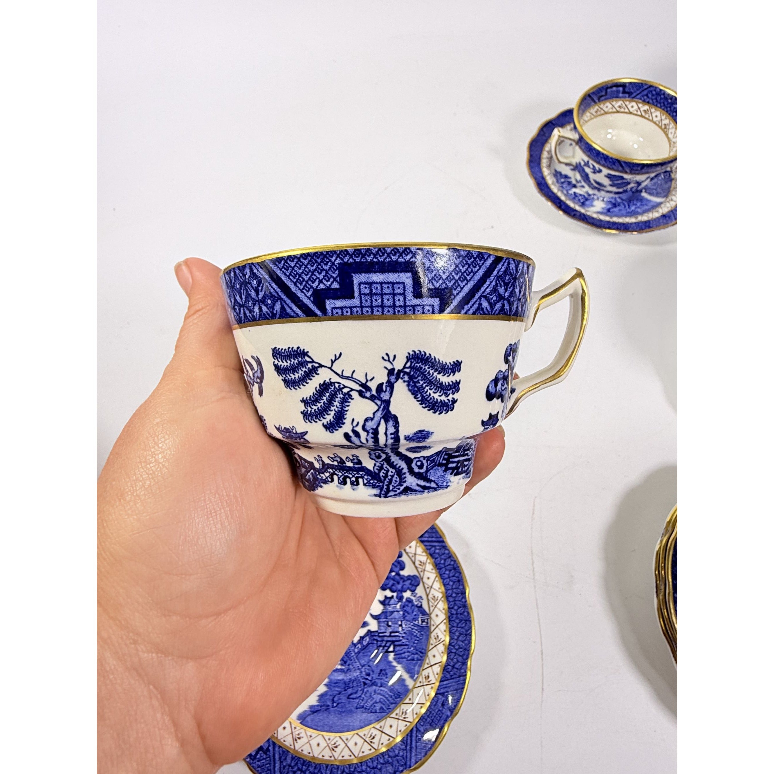 Cup and Saucer Set 8 Booths Real Old Willow Blue Gold Trim Tea Coffee Vintage Replacement China Traditional Oriental Chinoiserie England