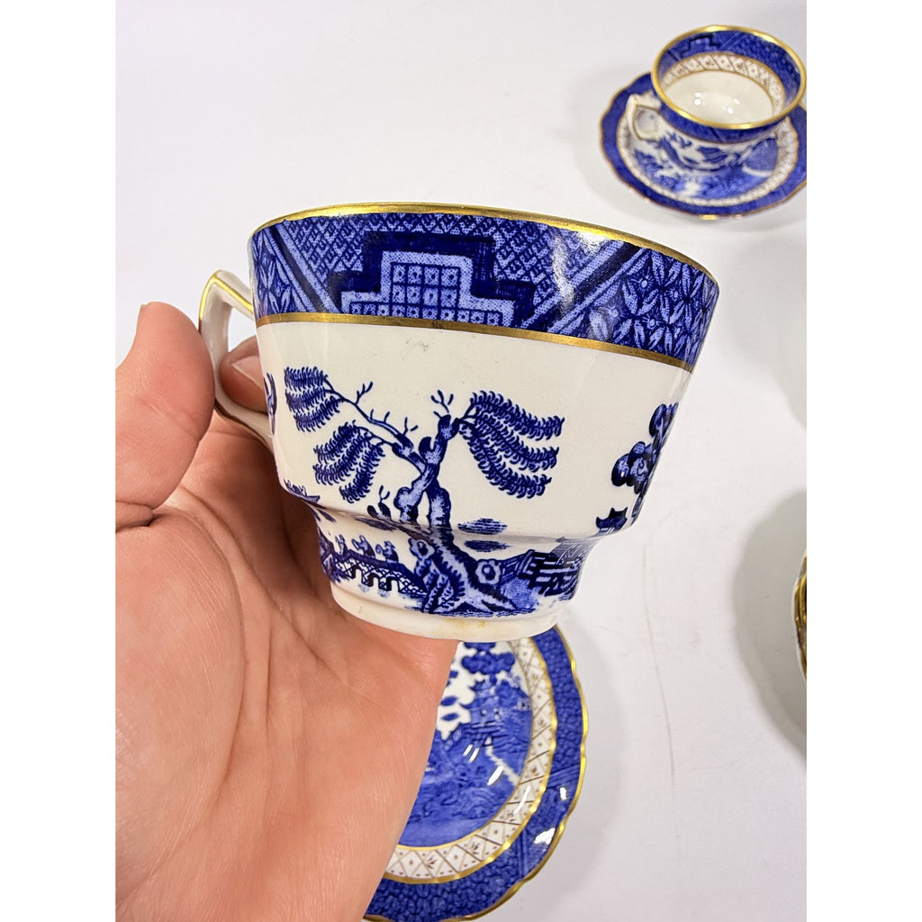 Cup and Saucer Set 8 Booths Real Old Willow Blue Gold Trim Tea Coffee Vintage Replacement China Traditional Oriental Chinoiserie England