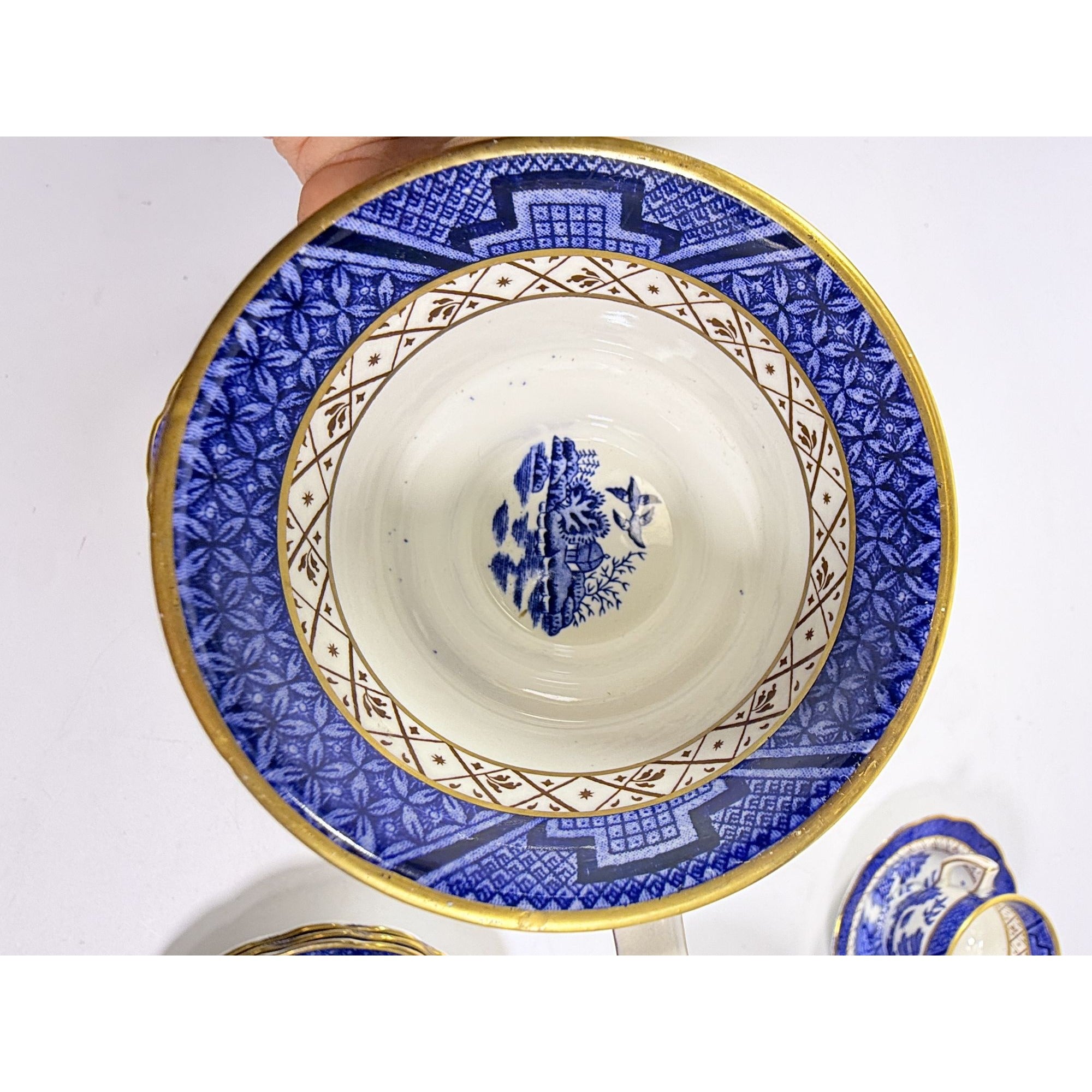 Cup and Saucer Set 8 Booths Real Old Willow Blue Gold Trim Tea Coffee Vintage Replacement China Traditional Oriental Chinoiserie England