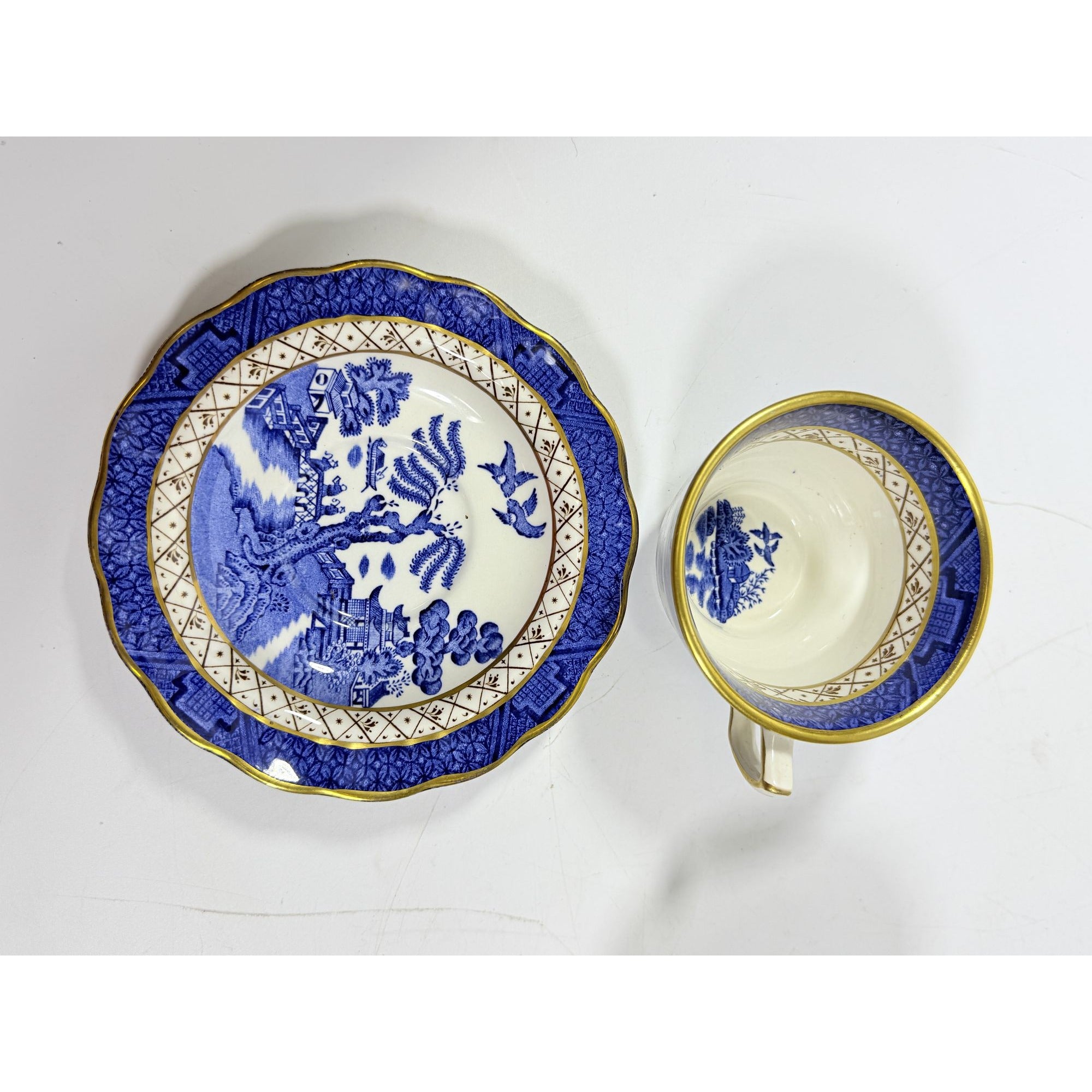 Cup and Saucer Set 8 Booths Real Old Willow Blue Gold Trim Tea Coffee Vintage Replacement China Traditional Oriental Chinoiserie England