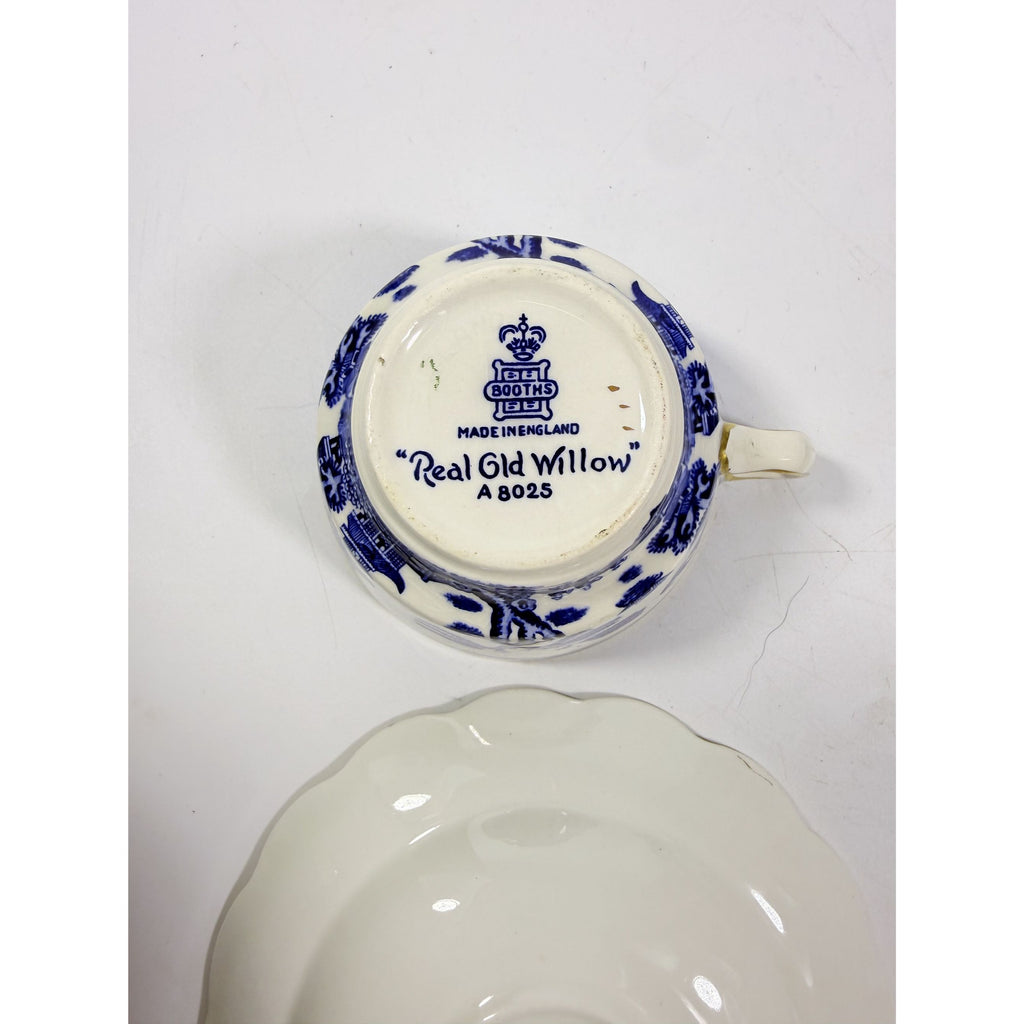 Cup and Saucer Set 8 Booths Real Old Willow Blue Gold Trim Tea Coffee Vintage Replacement China Traditional Oriental Chinoiserie England
