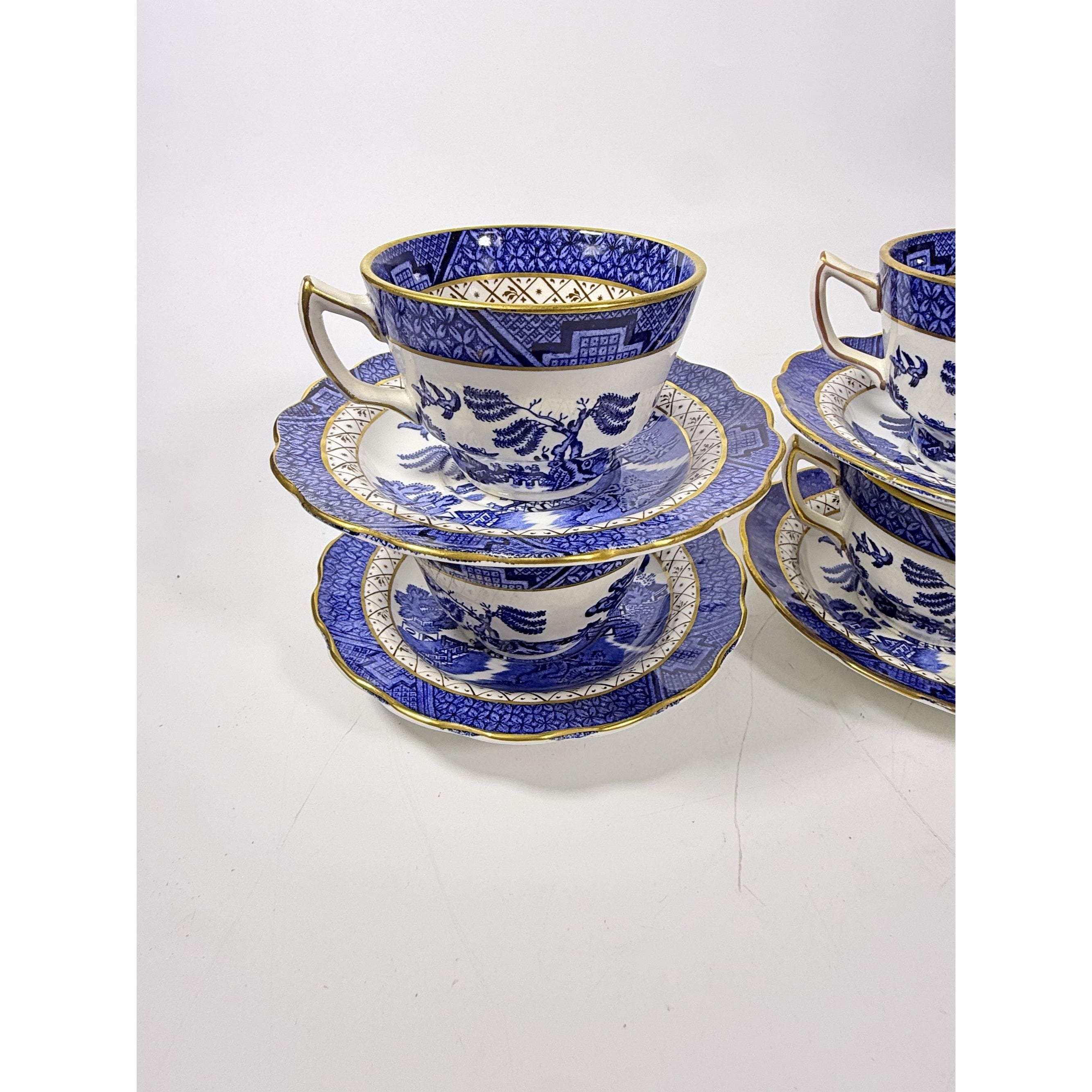Cup and Saucer Set 8 Booths Real Old Willow Blue Gold Trim Tea Coffee Vintage Replacement China Traditional Oriental Chinoiserie England