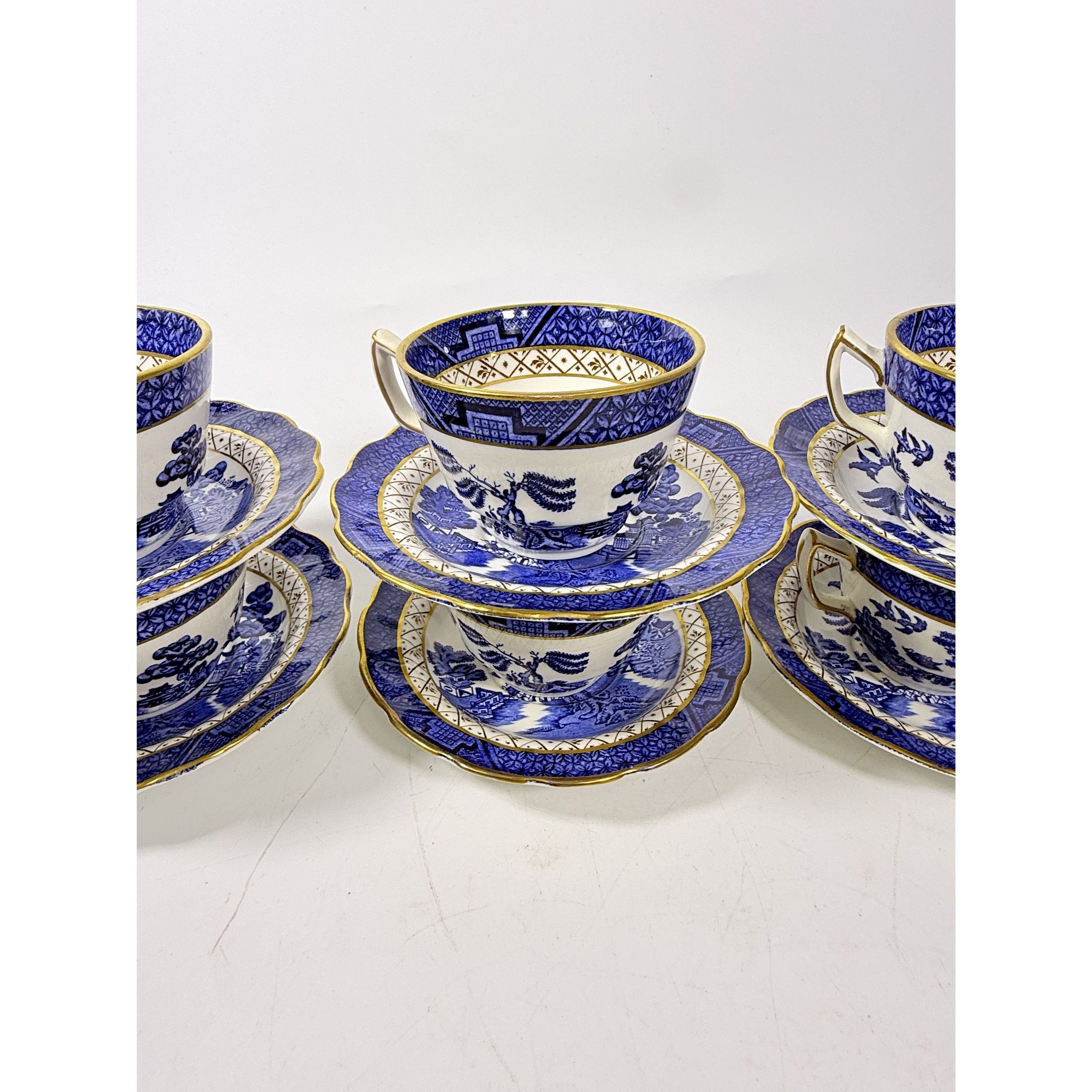 Cup and Saucer Set 8 Booths Real Old Willow Blue Gold Trim Tea Coffee Vintage Replacement China Traditional Oriental Chinoiserie England
