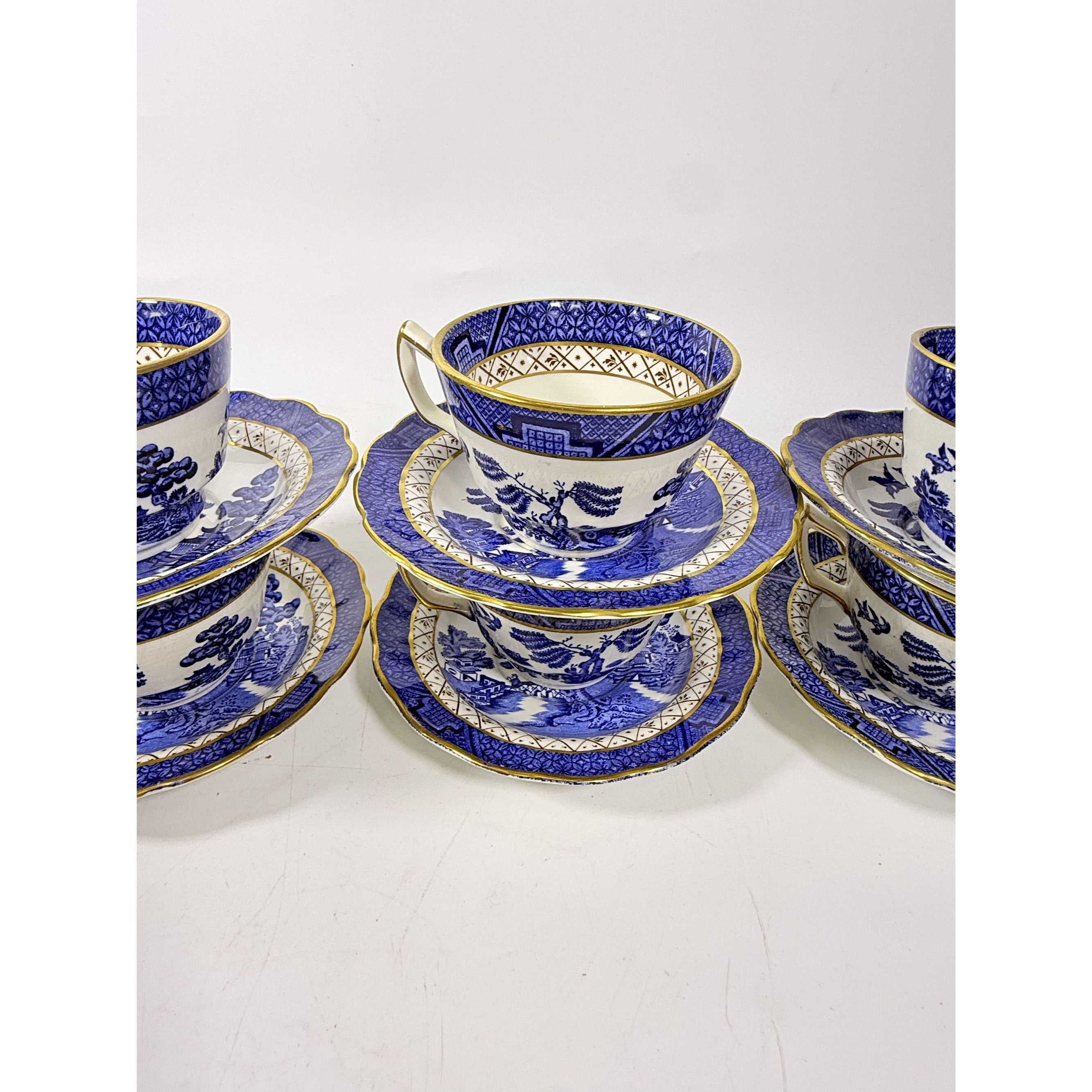 Cup and Saucer Set 8 Booths Real Old Willow Blue Gold Trim Tea Coffee Vintage Replacement China Traditional Oriental Chinoiserie England