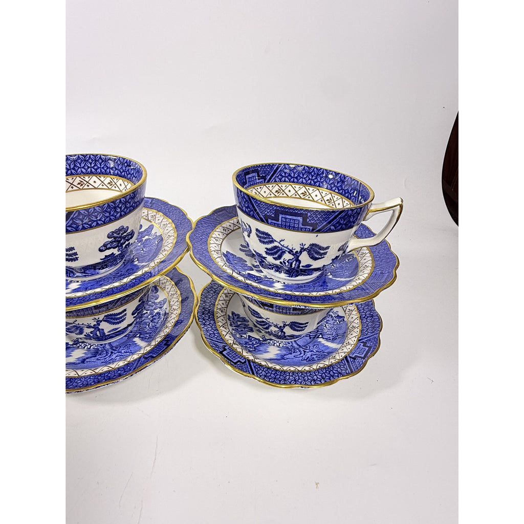 Cup and Saucer Set 8 Booths Real Old Willow Blue Gold Trim Tea Coffee Vintage Replacement China Traditional Oriental Chinoiserie England