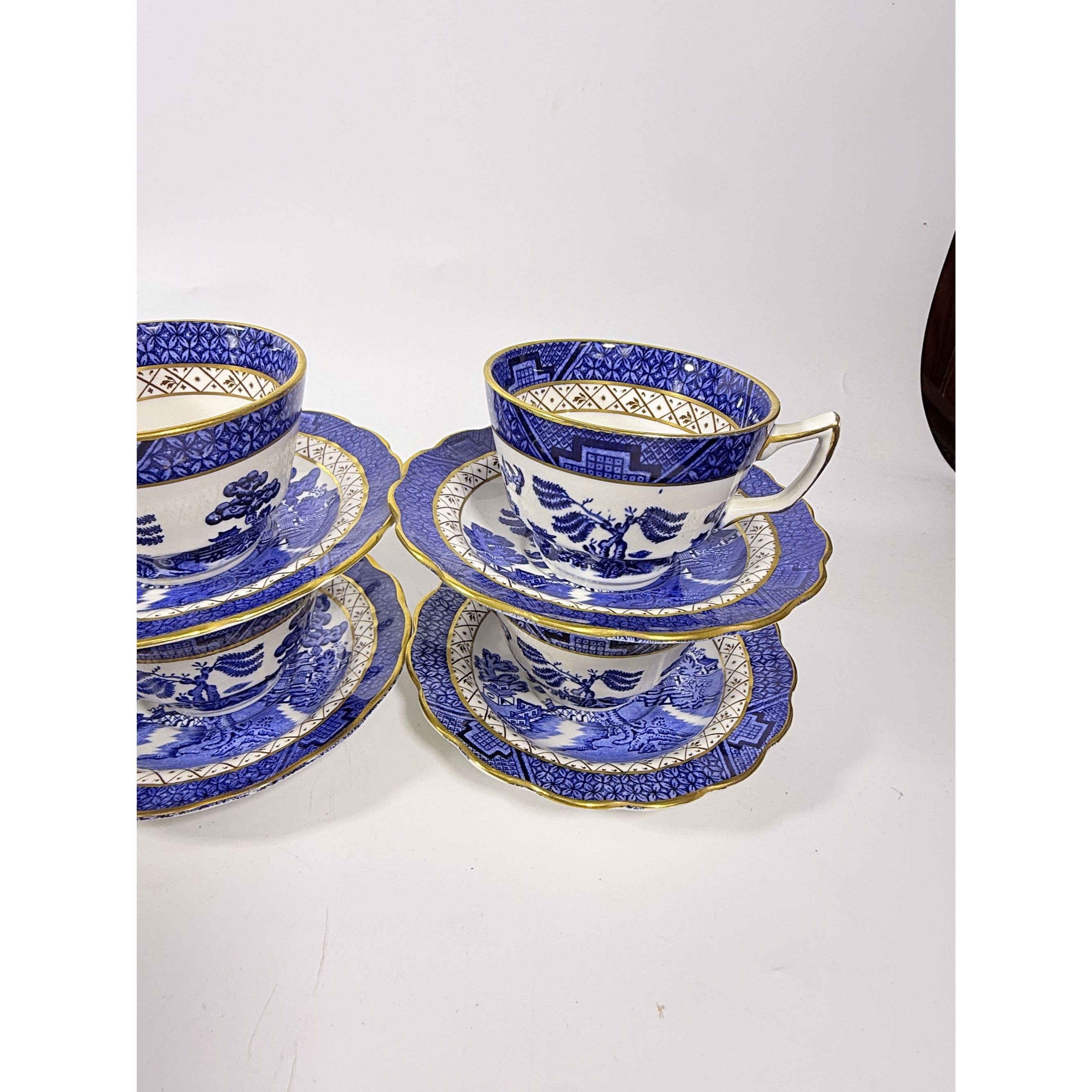 Cup and Saucer Set 8 Booths Real Old Willow Blue Gold Trim Tea Coffee Vintage Replacement China Traditional Oriental Chinoiserie England