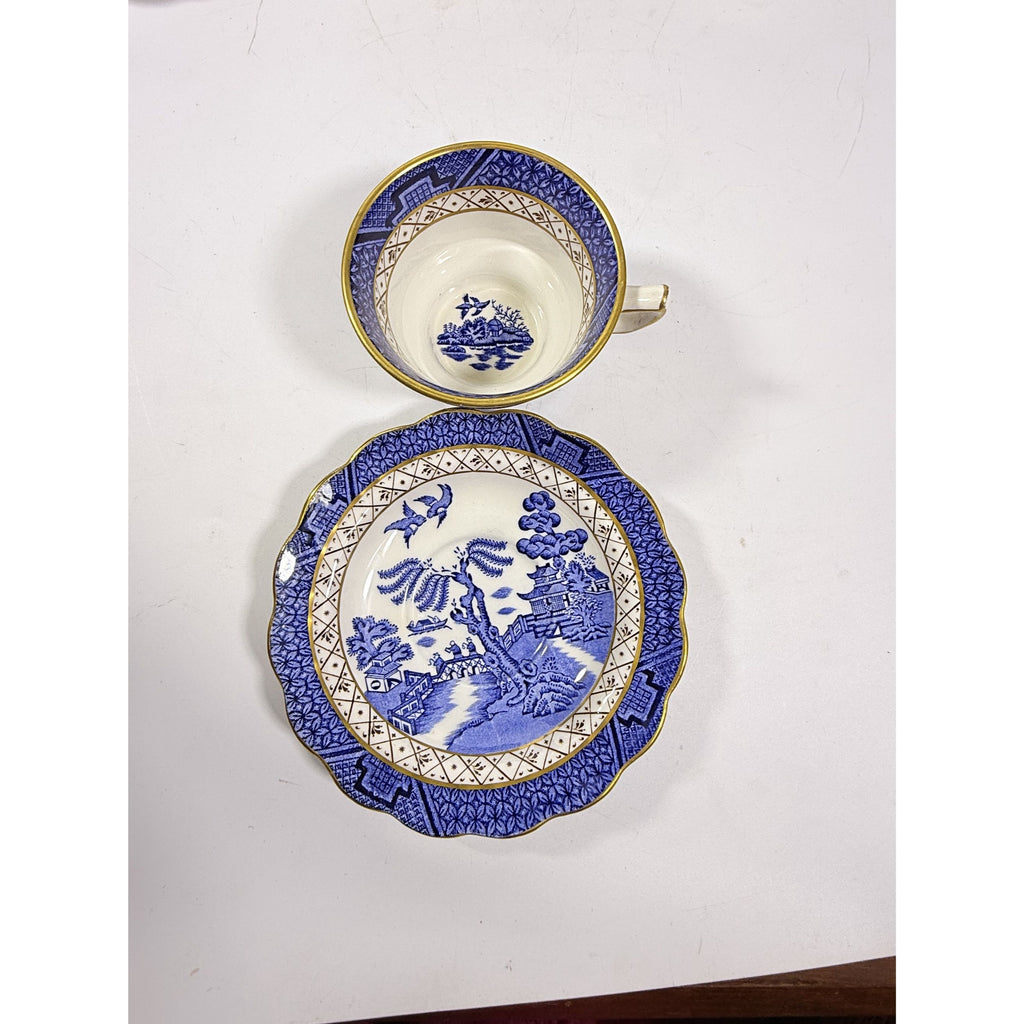 Cup and Saucer Set 8 Booths Real Old Willow Blue Gold Trim Tea Coffee Vintage Replacement China Traditional Oriental Chinoiserie England