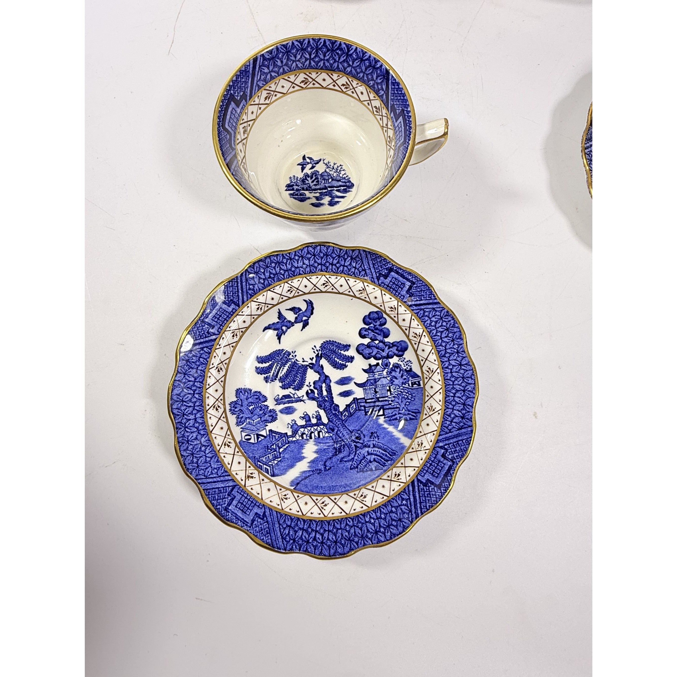 Cup and Saucer Set 8 Booths Real Old Willow Blue Gold Trim Tea Coffee Vintage Replacement China Traditional Oriental Chinoiserie England