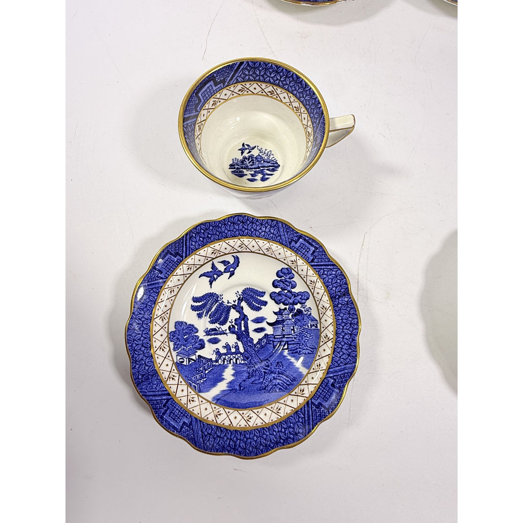 Cup and Saucer Set 8 Booths Real Old Willow Blue Gold Trim Tea Coffee Vintage Replacement China Traditional Oriental Chinoiserie England