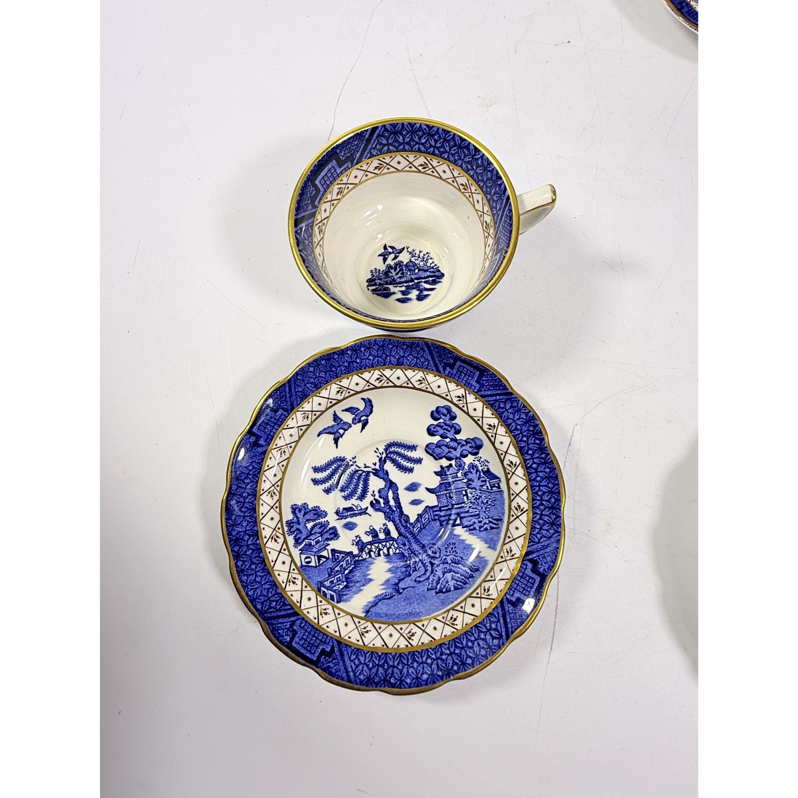 Cup and Saucer Set 8 Booths Real Old Willow Blue Gold Trim Tea Coffee Vintage Replacement China Traditional Oriental Chinoiserie England