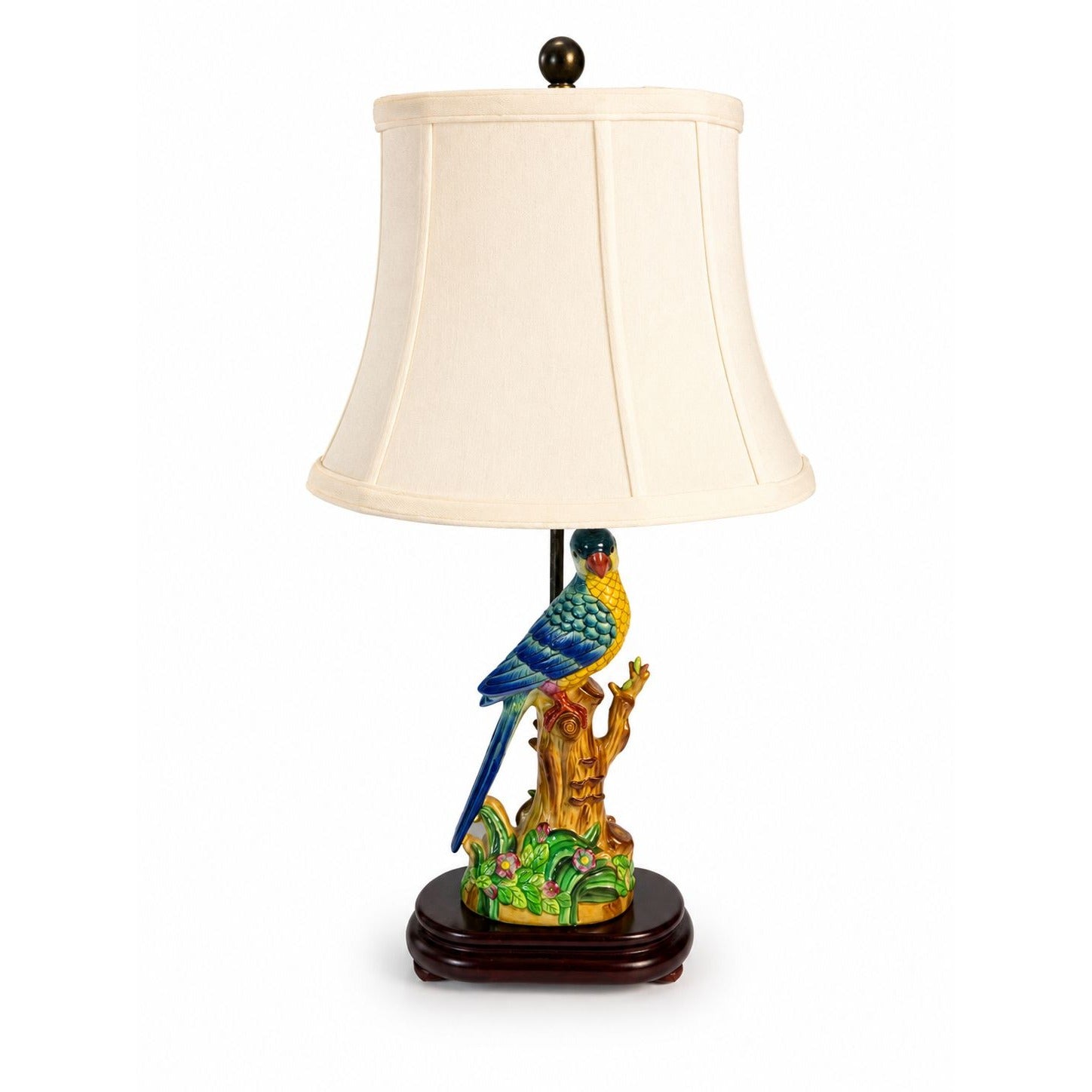 Lamp Porcelain Parrot on Stand Mottahnedeh Style Wildwood Vintage Silk Shade Brass Arm Table Lighting Chinoiserie Traditional Home Decor
