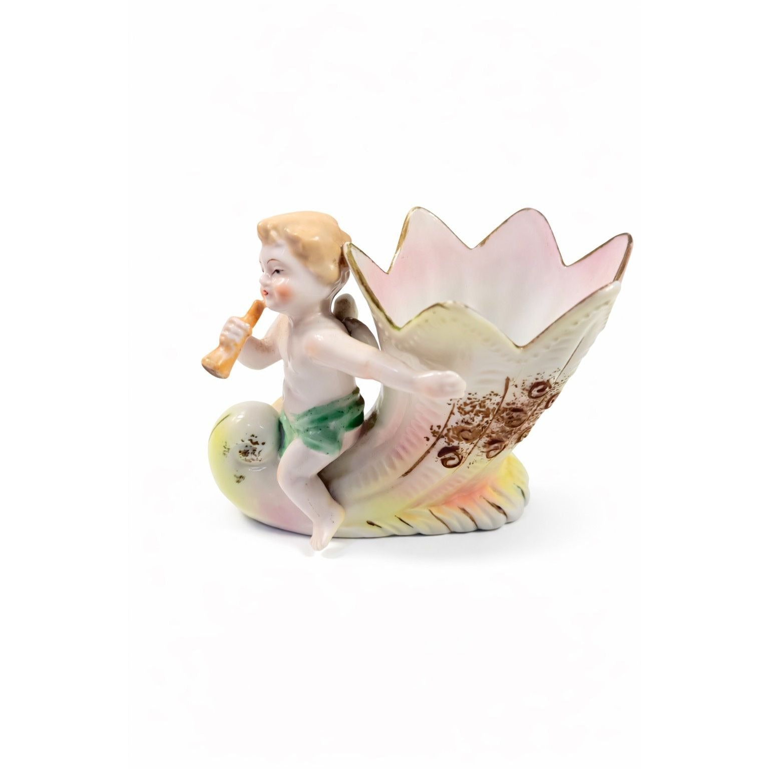 Figural Planter Vase Porcelain Cherub Riding on a Cornucopia Shell Hand Painted Vintage L & M Fern International Stamped Victorian Japan
