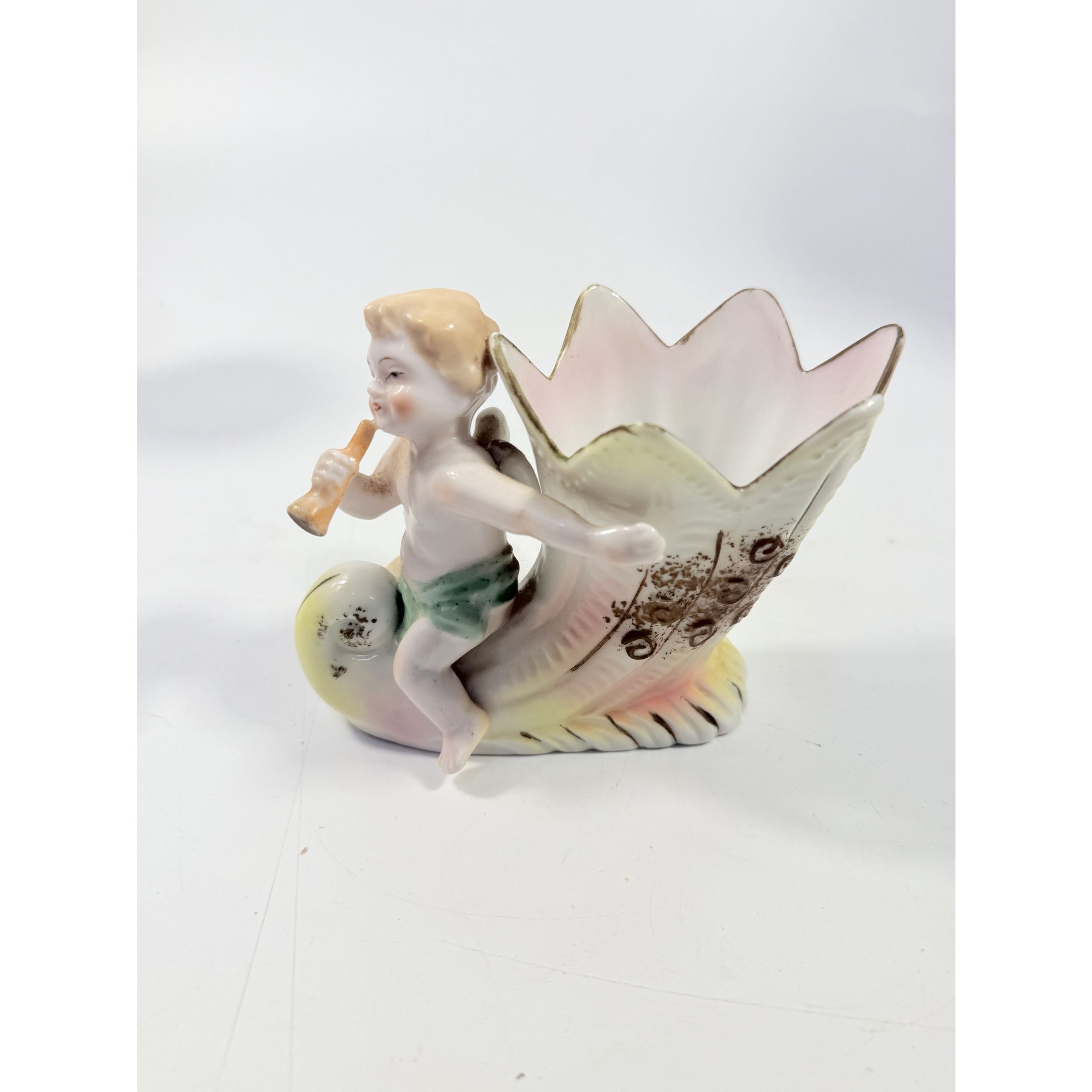 Figural Planter Vase Porcelain Cherub Riding on a Cornucopia Shell Hand Painted Vintage L & M Fern International Stamped Victorian Japan