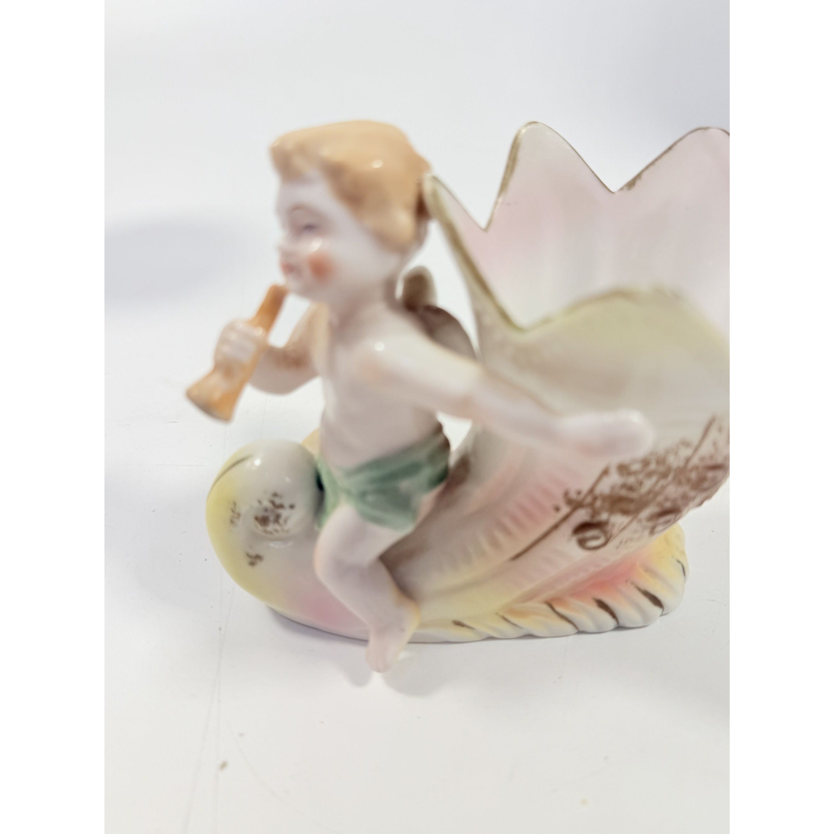 Figural Planter Vase Porcelain Cherub Riding on a Cornucopia Shell Hand Painted Vintage L & M Fern International Stamped Victorian Japan