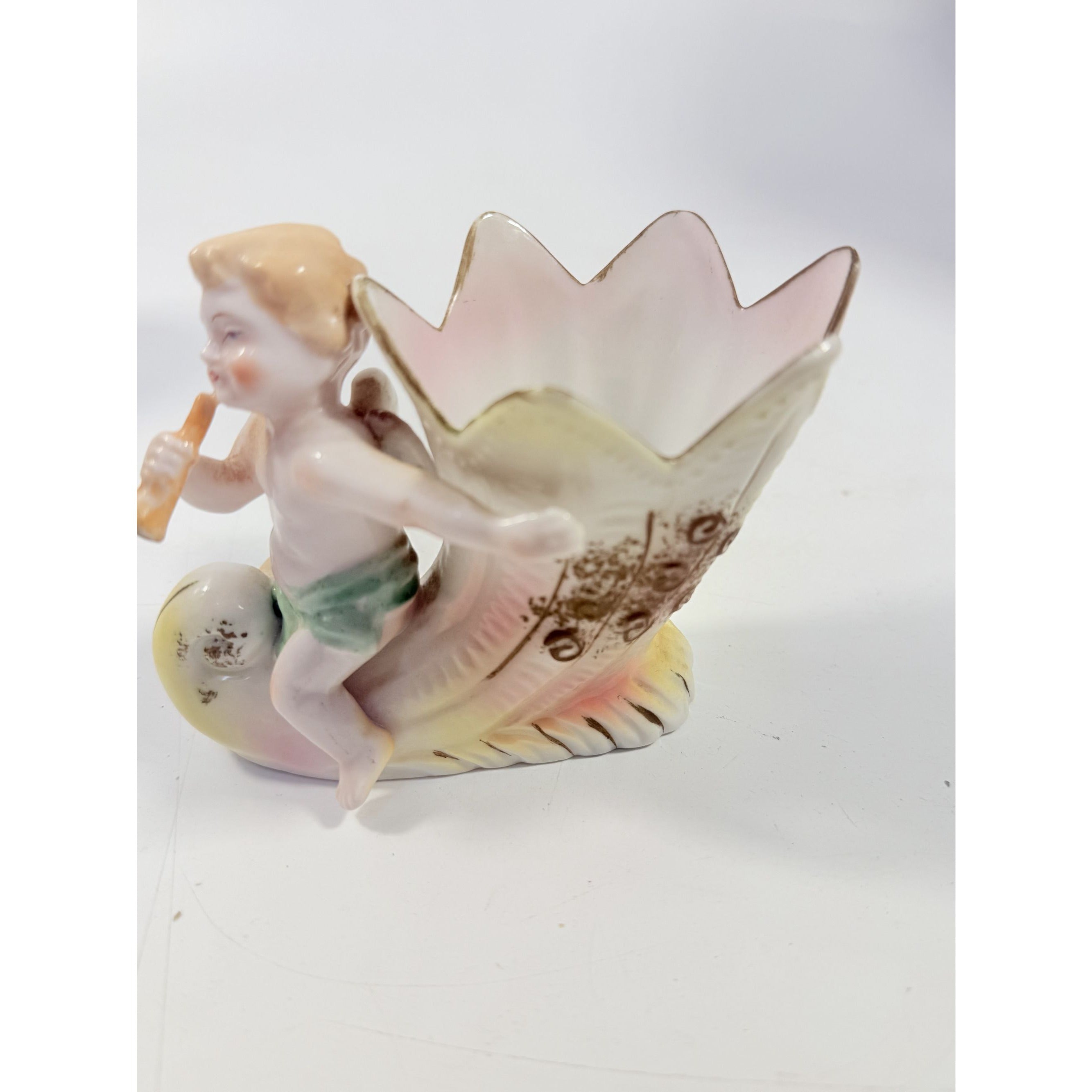 Figural Planter Vase Porcelain Cherub Riding on a Cornucopia Shell Hand Painted Vintage L & M Fern International Stamped Victorian Japan