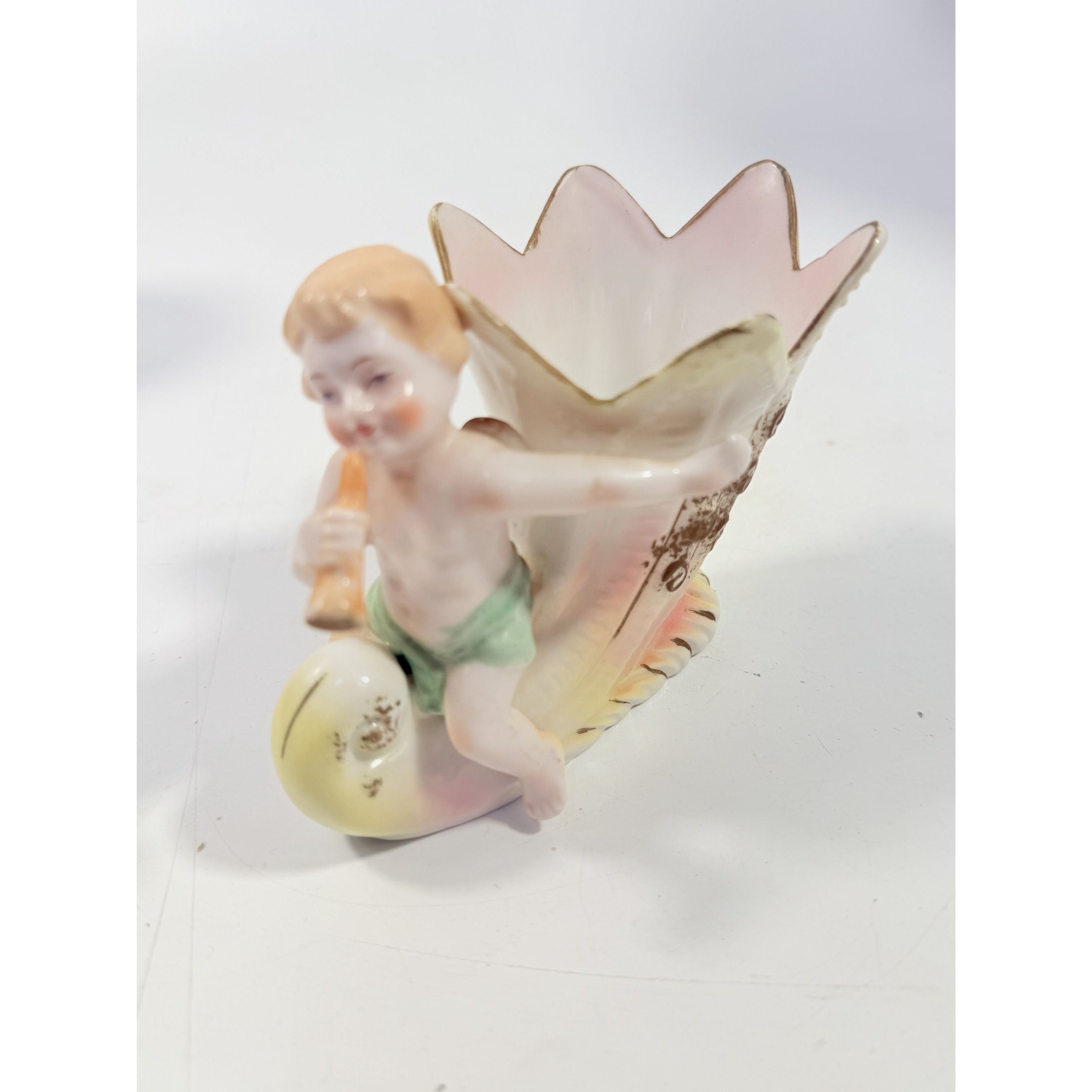 Figural Planter Vase Porcelain Cherub Riding on a Cornucopia Shell Hand Painted Vintage L & M Fern International Stamped Victorian Japan