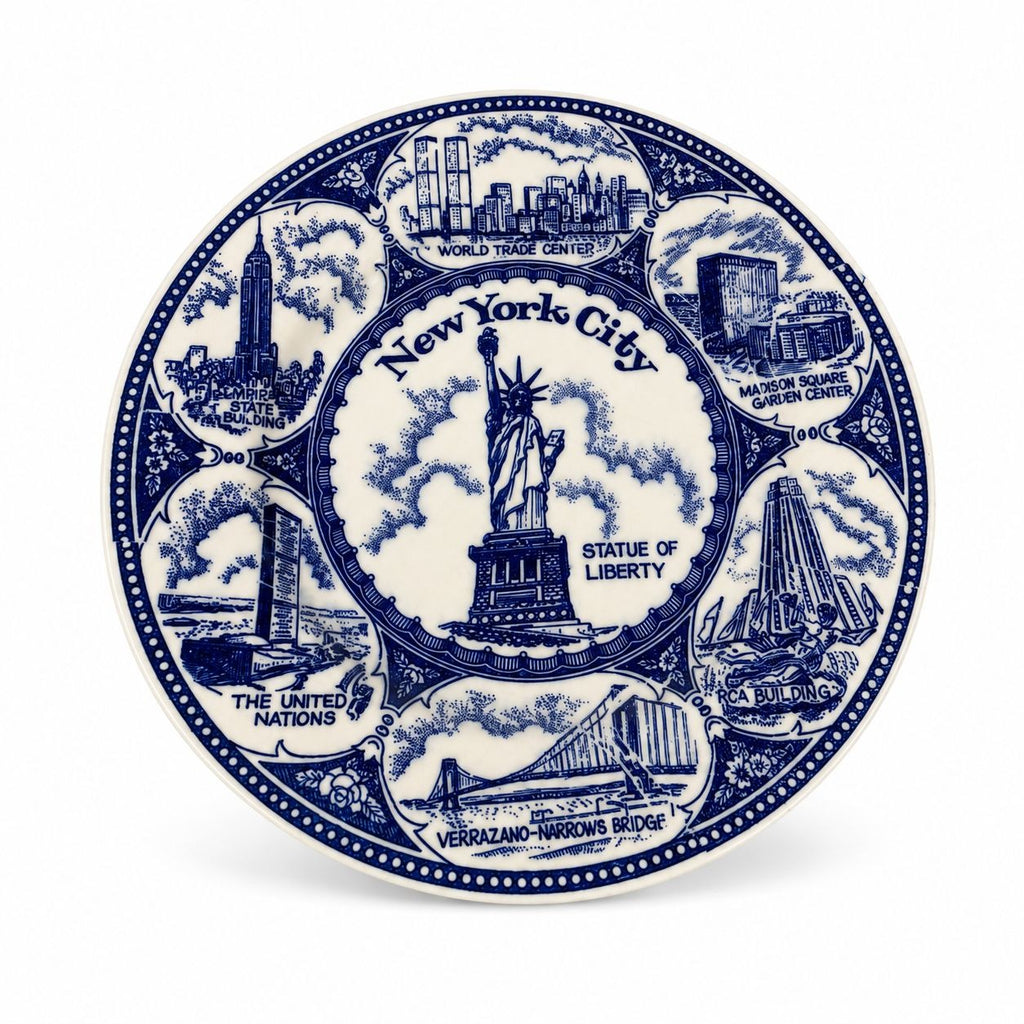 Transferware Plate Souvenir Collectible New York City Statue of Liberty World Trade Center Blue and White Travel Wall Decor Decorative