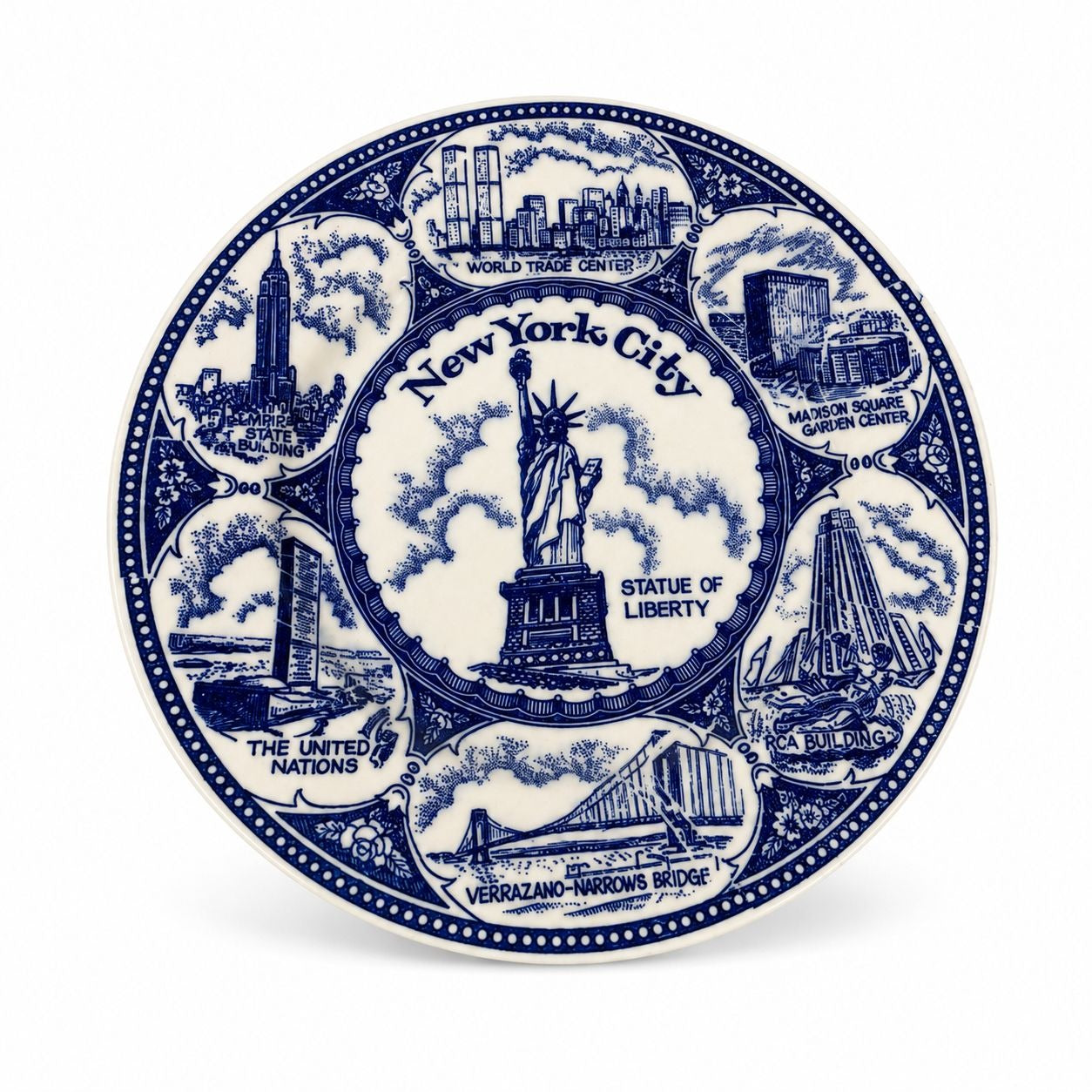 Transferware Plate Souvenir Collectible New York City Statue of Liberty World Trade Center Blue and White Travel Wall Decor Decorative
