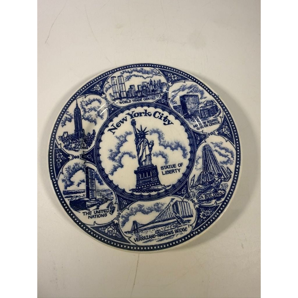 Transferware Plate Souvenir Collectible New York City Statue of Liberty World Trade Center Blue and White Travel Wall Decor Decorative