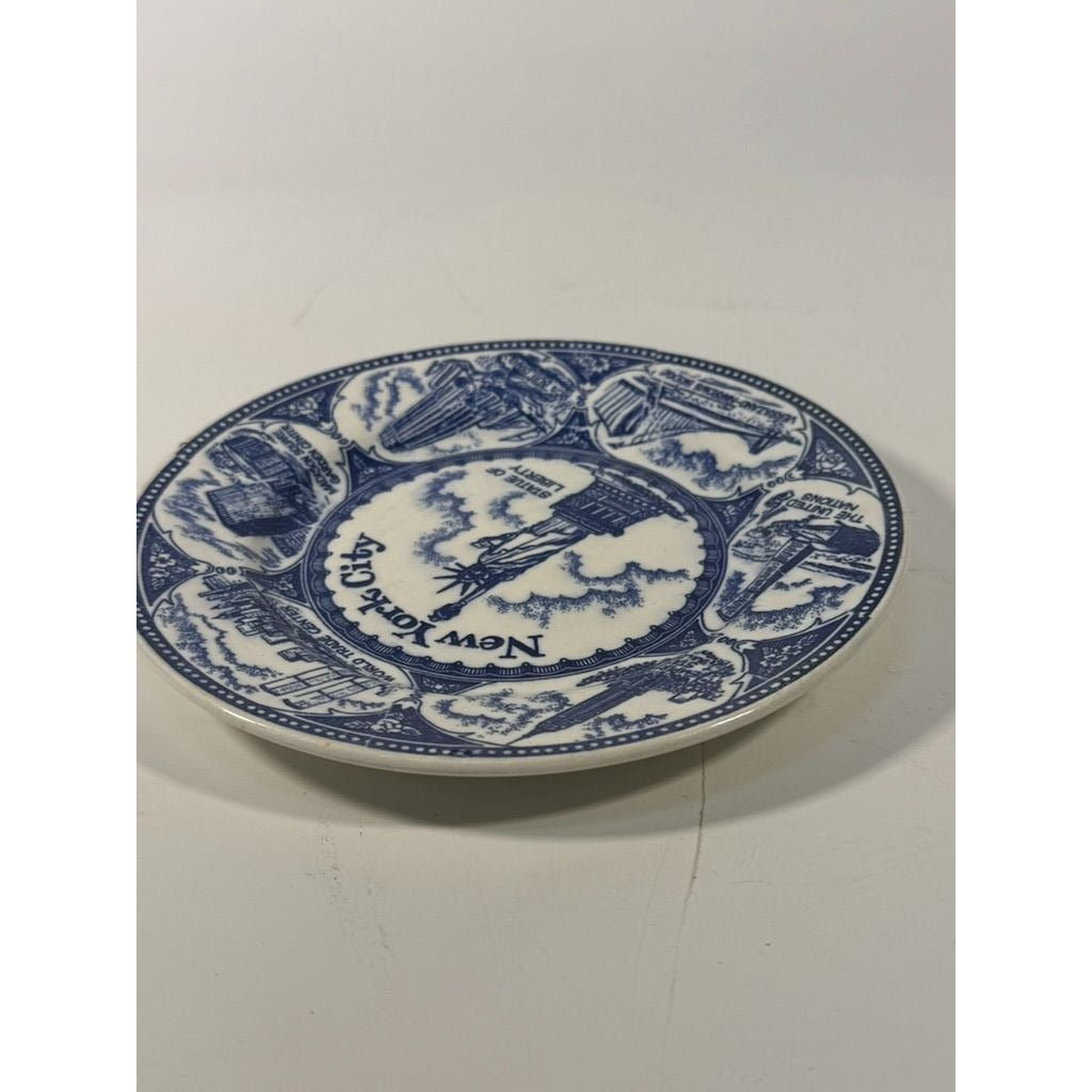 Transferware Plate Souvenir Collectible New York City Statue of Liberty World Trade Center Blue and White Travel Wall Decor Decorative