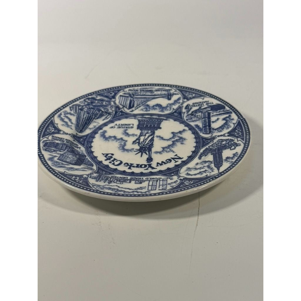 Transferware Plate Souvenir Collectible New York City Statue of Liberty World Trade Center Blue and White Travel Wall Decor Decorative