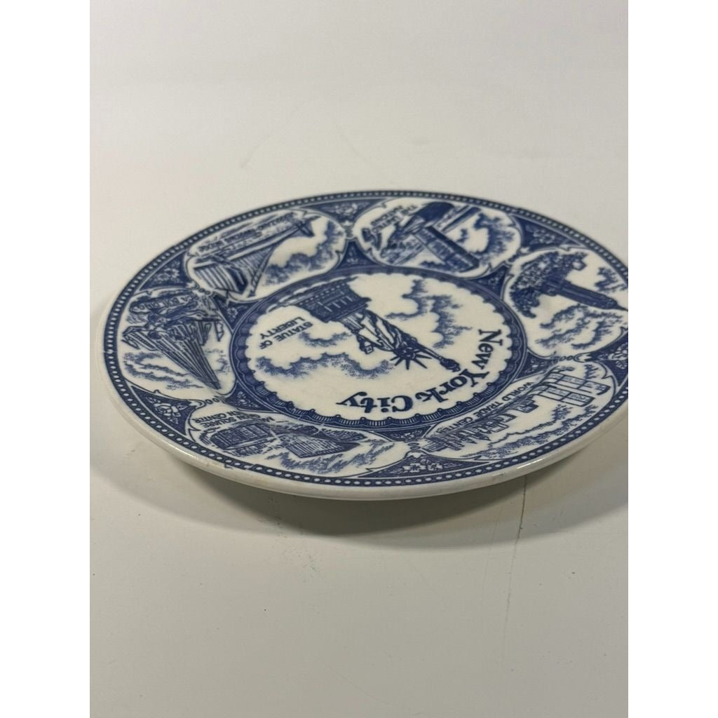 Transferware Plate Souvenir Collectible New York City Statue of Liberty World Trade Center Blue and White Travel Wall Decor Decorative