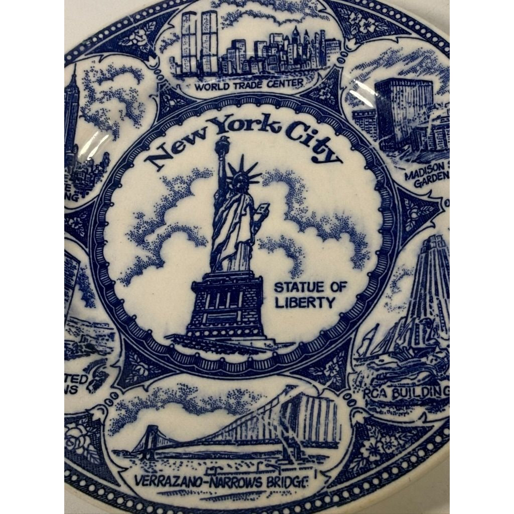 Transferware Plate Souvenir Collectible New York City Statue of Liberty World Trade Center Blue and White Travel Wall Decor Decorative