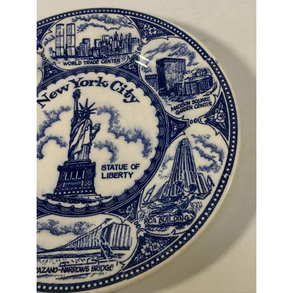 Transferware Plate Souvenir Collectible New York City Statue of Liberty World Trade Center Blue and White Travel Wall Decor Decorative