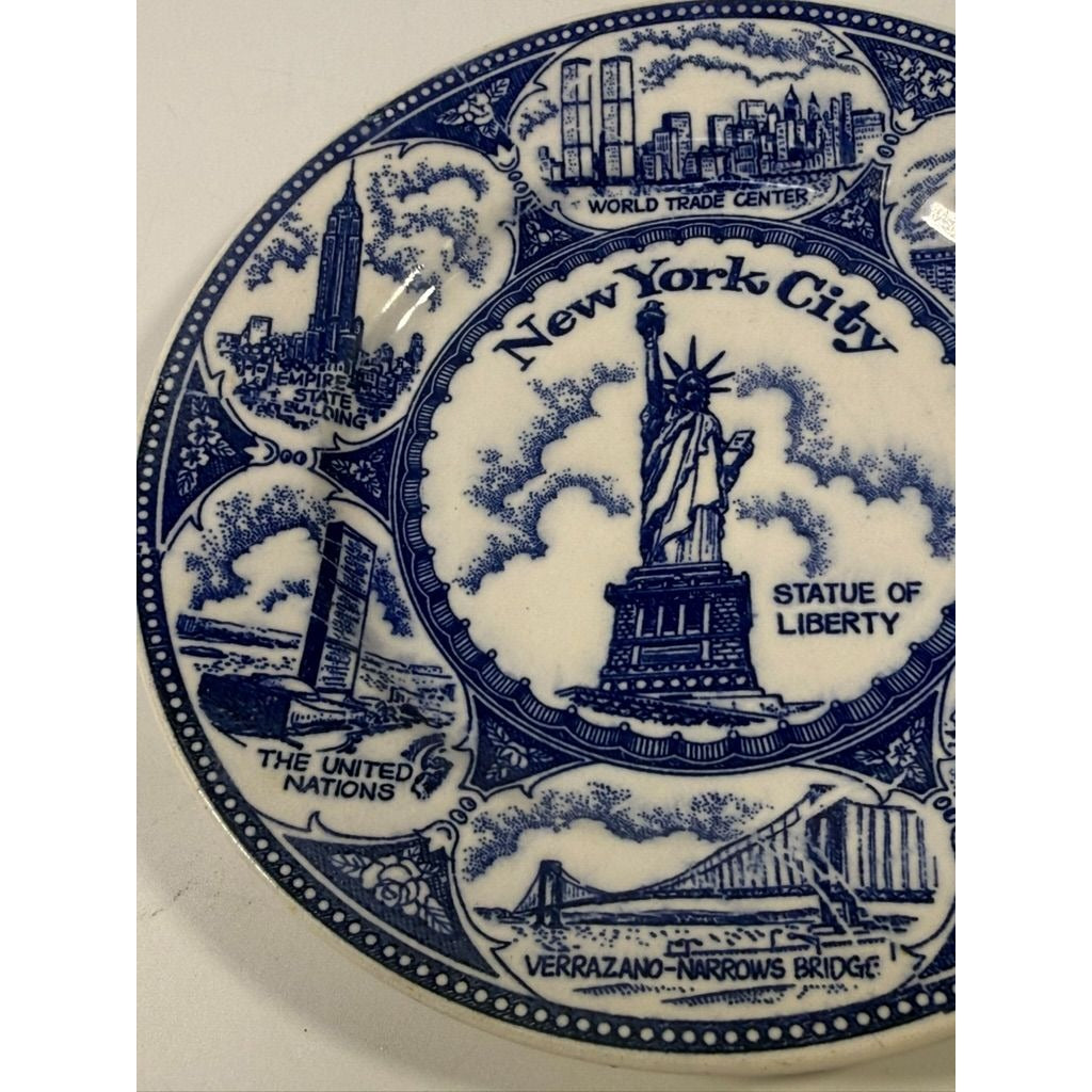 Transferware Plate Souvenir Collectible New York City Statue of Liberty World Trade Center Blue and White Travel Wall Decor Decorative