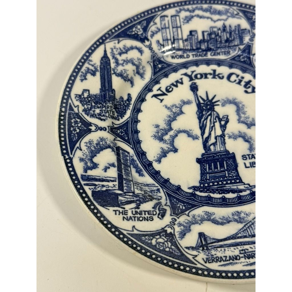 Transferware Plate Souvenir Collectible New York City Statue of Liberty World Trade Center Blue and White Travel Wall Decor Decorative