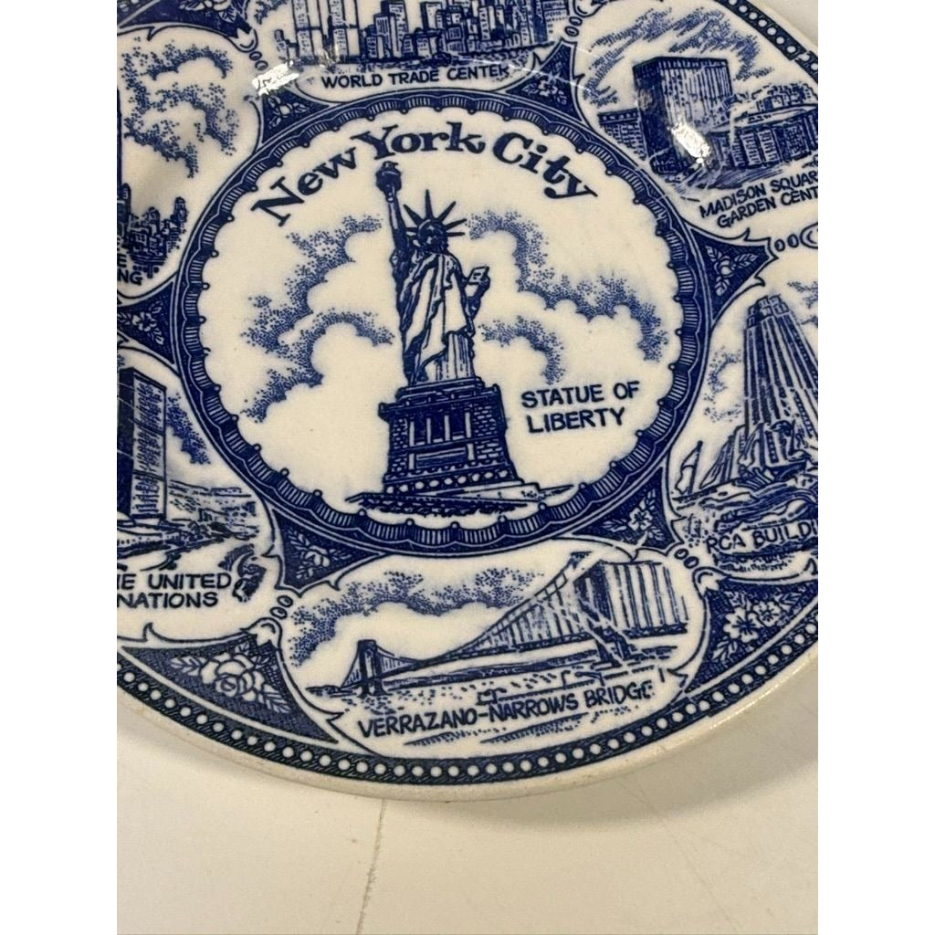 Transferware Plate Souvenir Collectible New York City Statue of Liberty World Trade Center Blue and White Travel Wall Decor Decorative