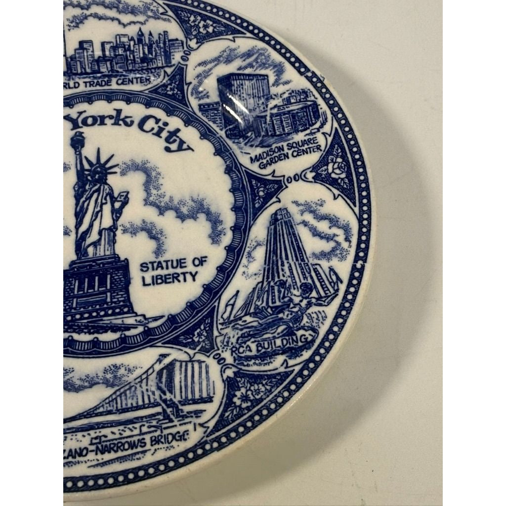 Transferware Plate Souvenir Collectible New York City Statue of Liberty World Trade Center Blue and White Travel Wall Decor Decorative