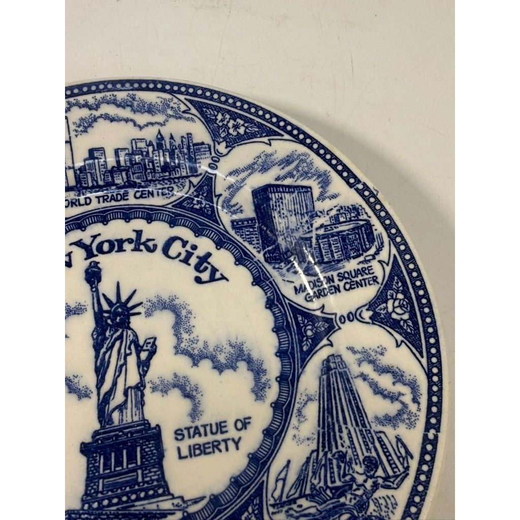 Transferware Plate Souvenir Collectible New York City Statue of Liberty World Trade Center Blue and White Travel Wall Decor Decorative