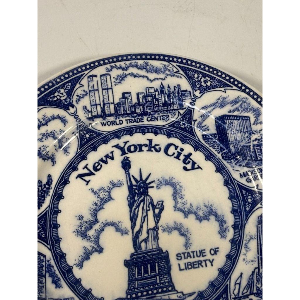 Transferware Plate Souvenir Collectible New York City Statue of Liberty World Trade Center Blue and White Travel Wall Decor Decorative