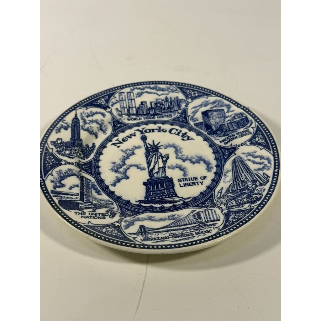 Transferware Plate Souvenir Collectible New York City Statue of Liberty World Trade Center Blue and White Travel Wall Decor Decorative