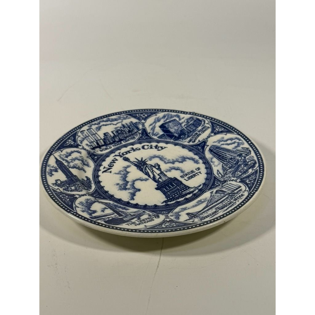 Transferware Plate Souvenir Collectible New York City Statue of Liberty World Trade Center Blue and White Travel Wall Decor Decorative