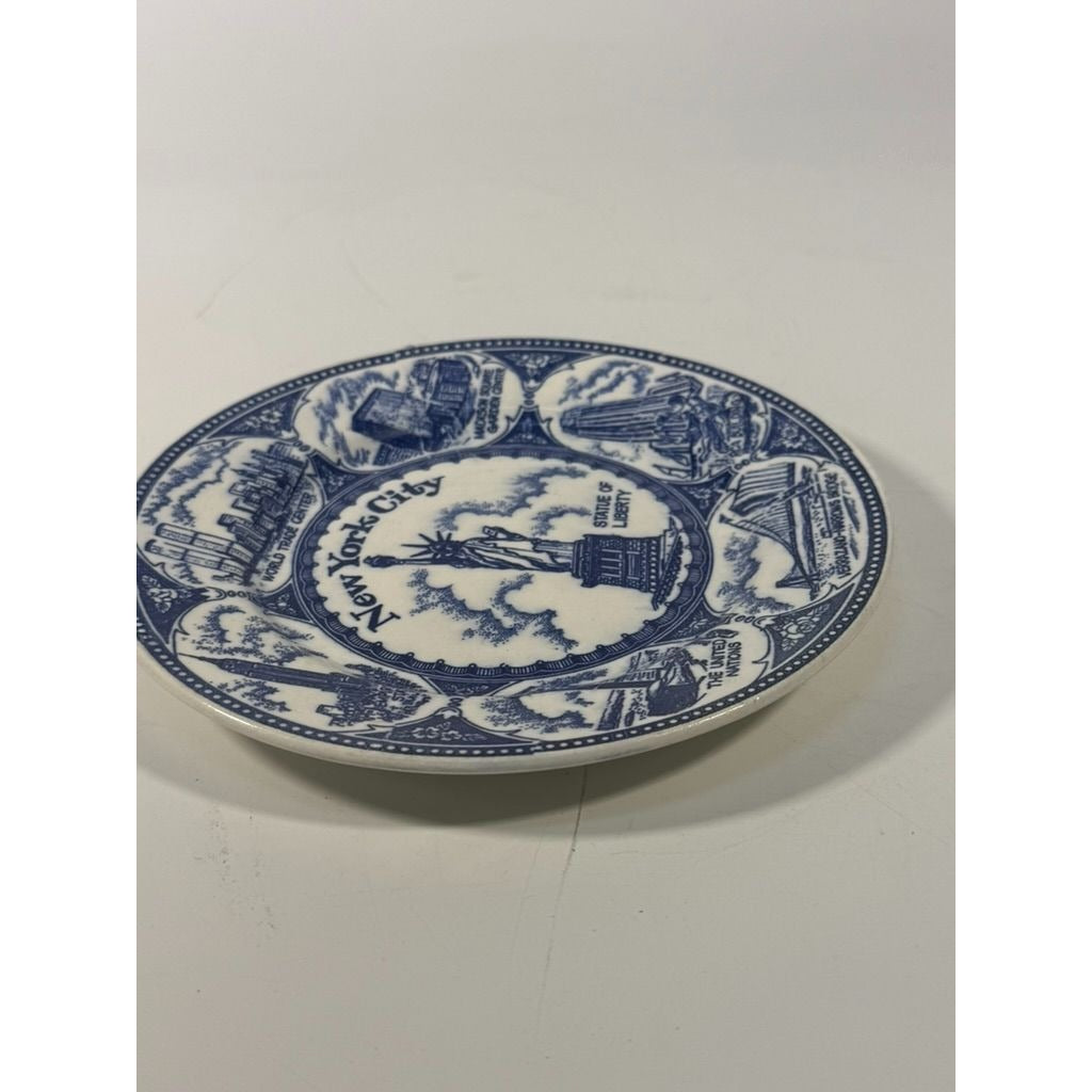 Transferware Plate Souvenir Collectible New York City Statue of Liberty World Trade Center Blue and White Travel Wall Decor Decorative