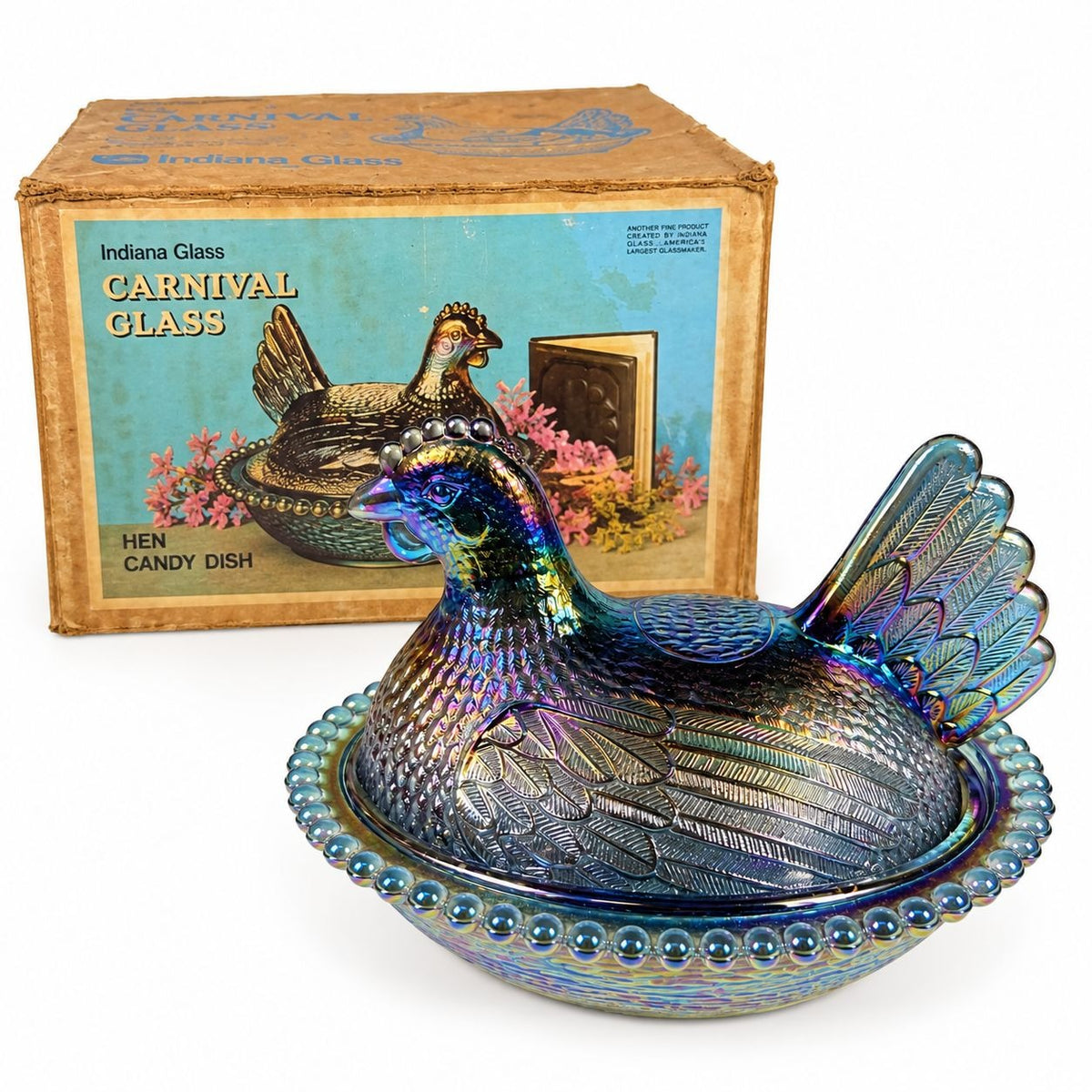 Hen on Nest Indiana Glass Company Evergreen Teal Green #2891 Iridescent Vintage Carnival Glass Candy Nut Dish Original Box Collectible